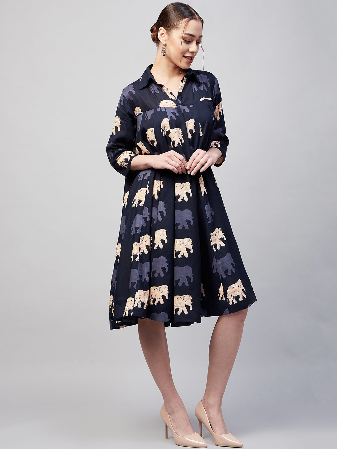 InWeave Women's Blue Elephant Print Flared Dress - Swadesiicart