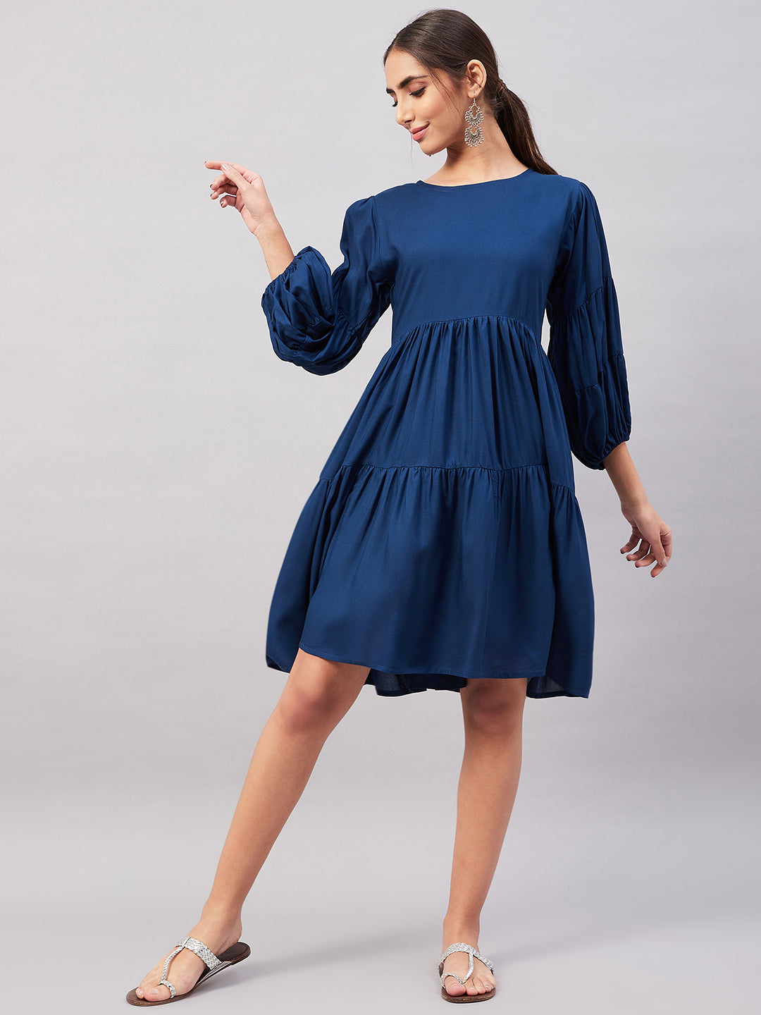 InWeave Teal Blue Flared Dress - Swadesiicart