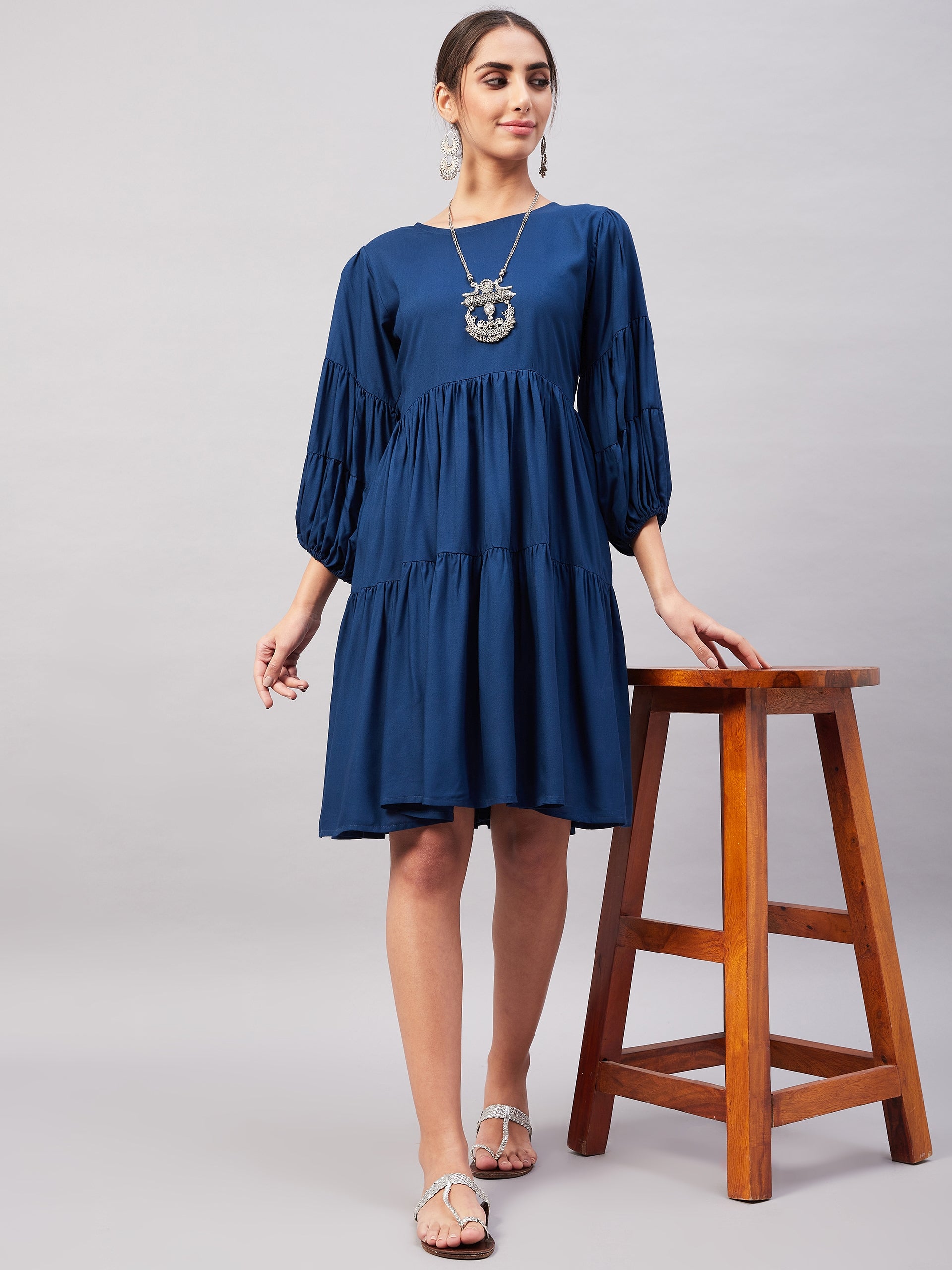 InWeave Teal Blue Flared Dress - Swadesiicart