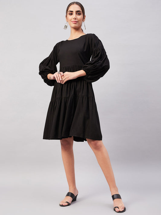 InWeave Solid Black Flared Dress - Swadesiicart