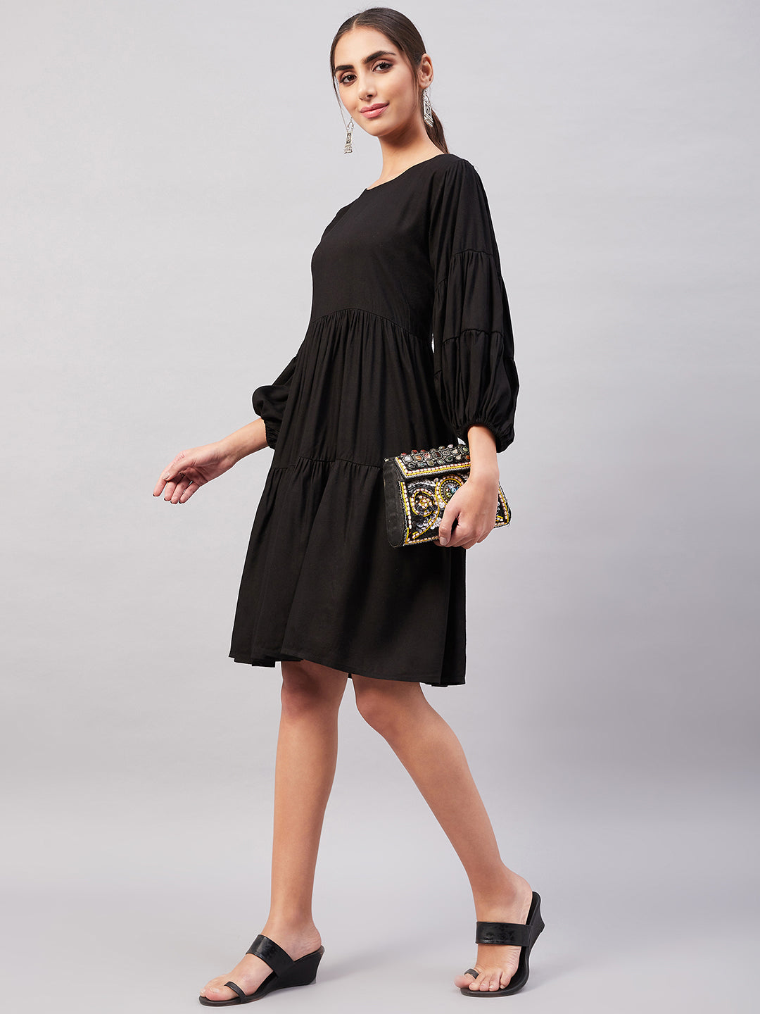 InWeave Solid Black Flared Dress - Swadesiicart