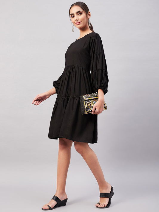 InWeave Solid Black Flared Dress - Swadesiicart