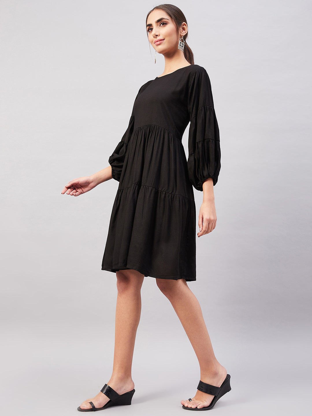 InWeave Solid Black Flared Dress - Swadesiicart