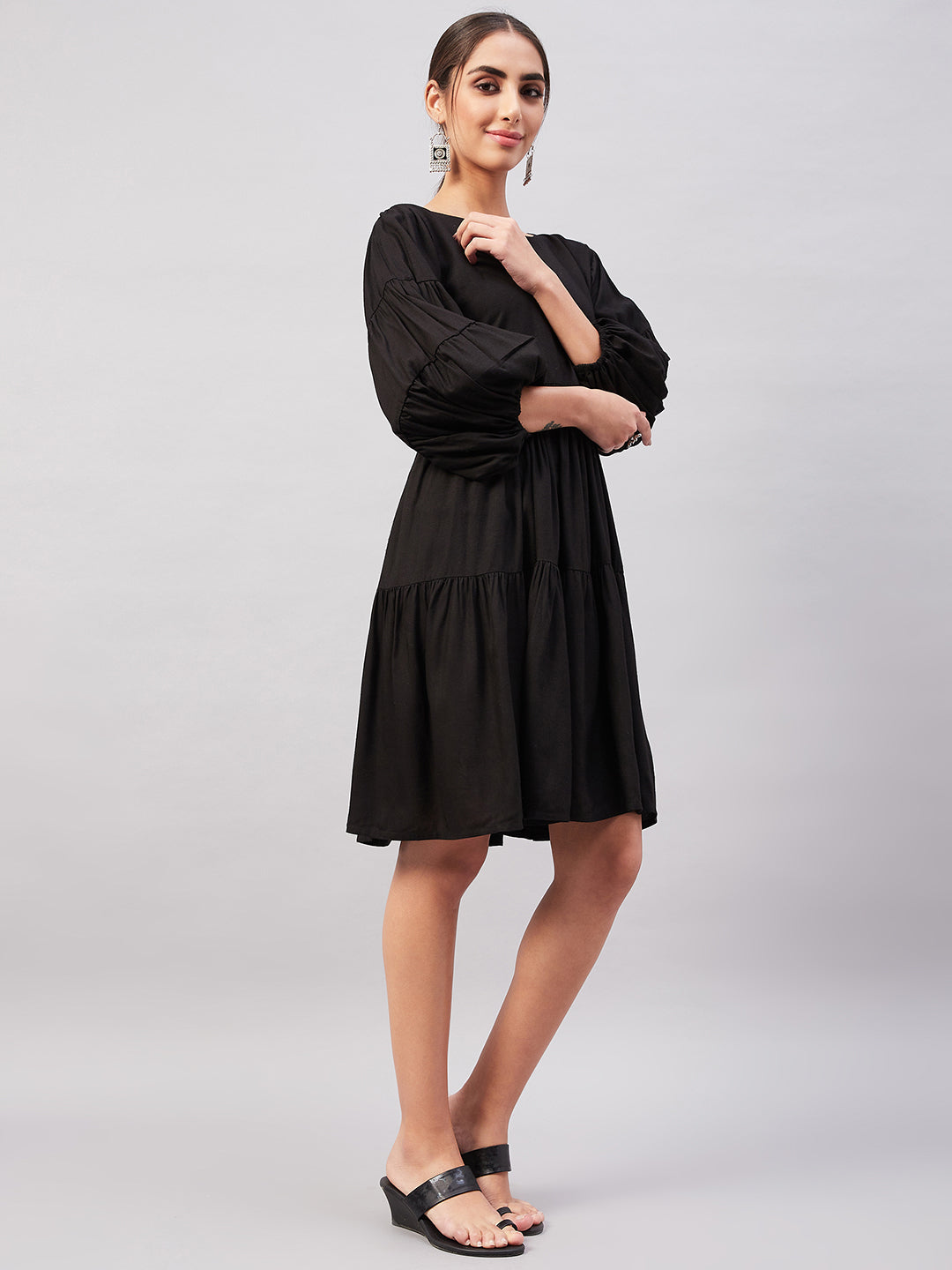 InWeave Solid Black Flared Dress - Swadesiicart