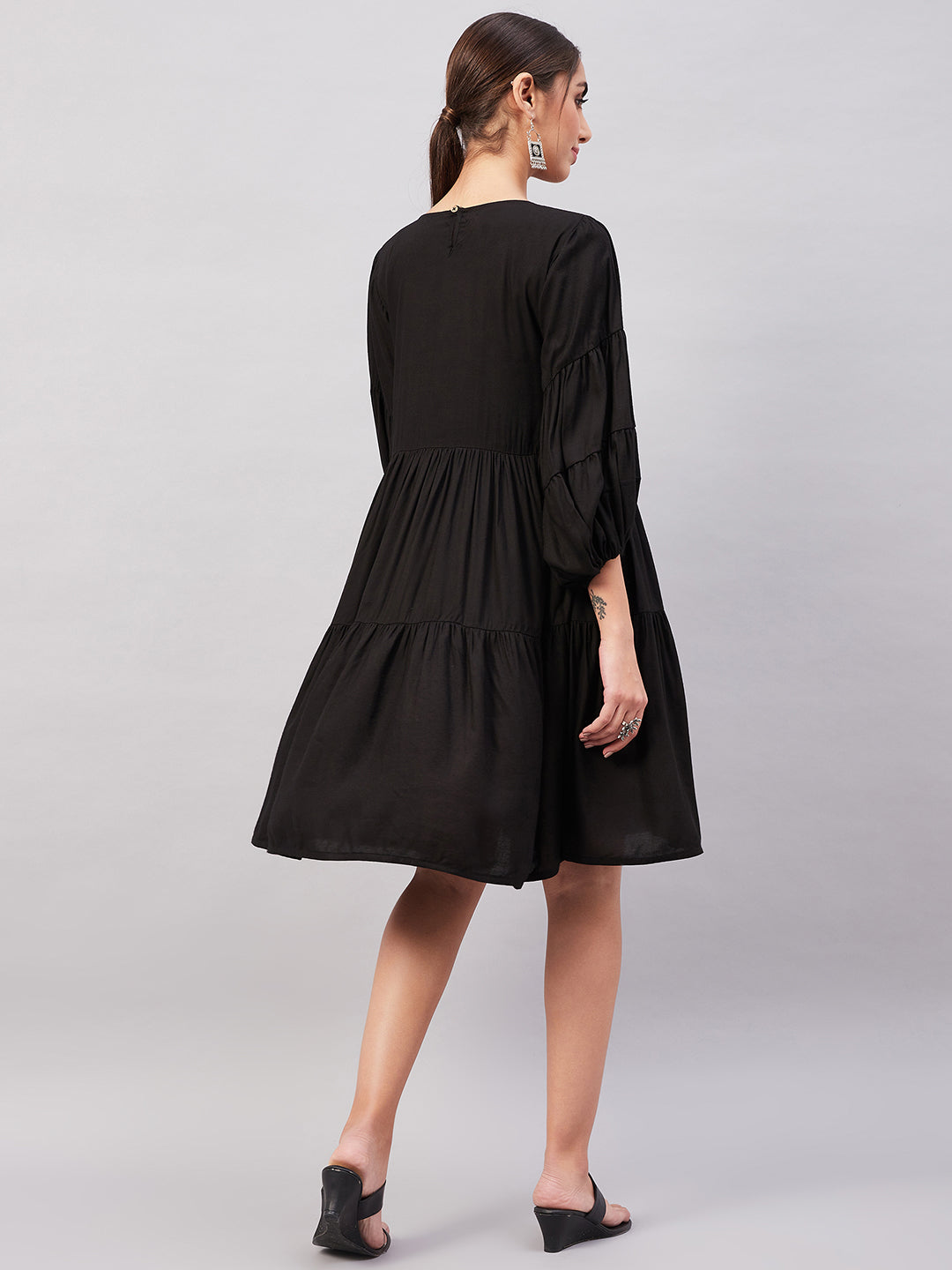InWeave Solid Black Flared Dress - Swadesiicart