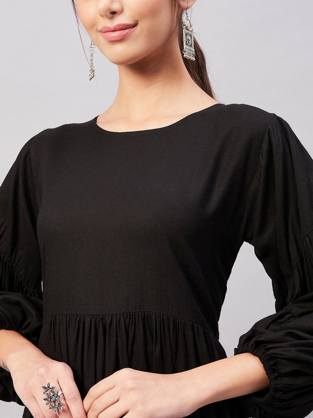 InWeave Solid Black Flared Dress - Swadesiicart