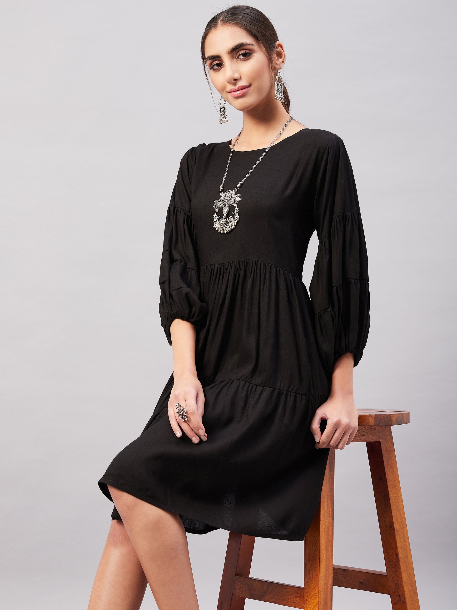 InWeave Solid Black Flared Dress - Swadesiicart