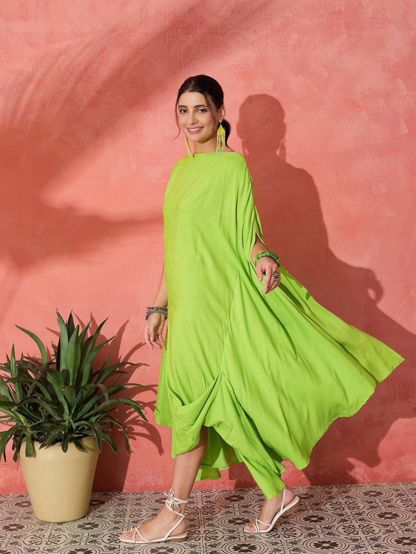 InWeave Lime Green Rayon Cowel Style Kaftan - Swadesiicart