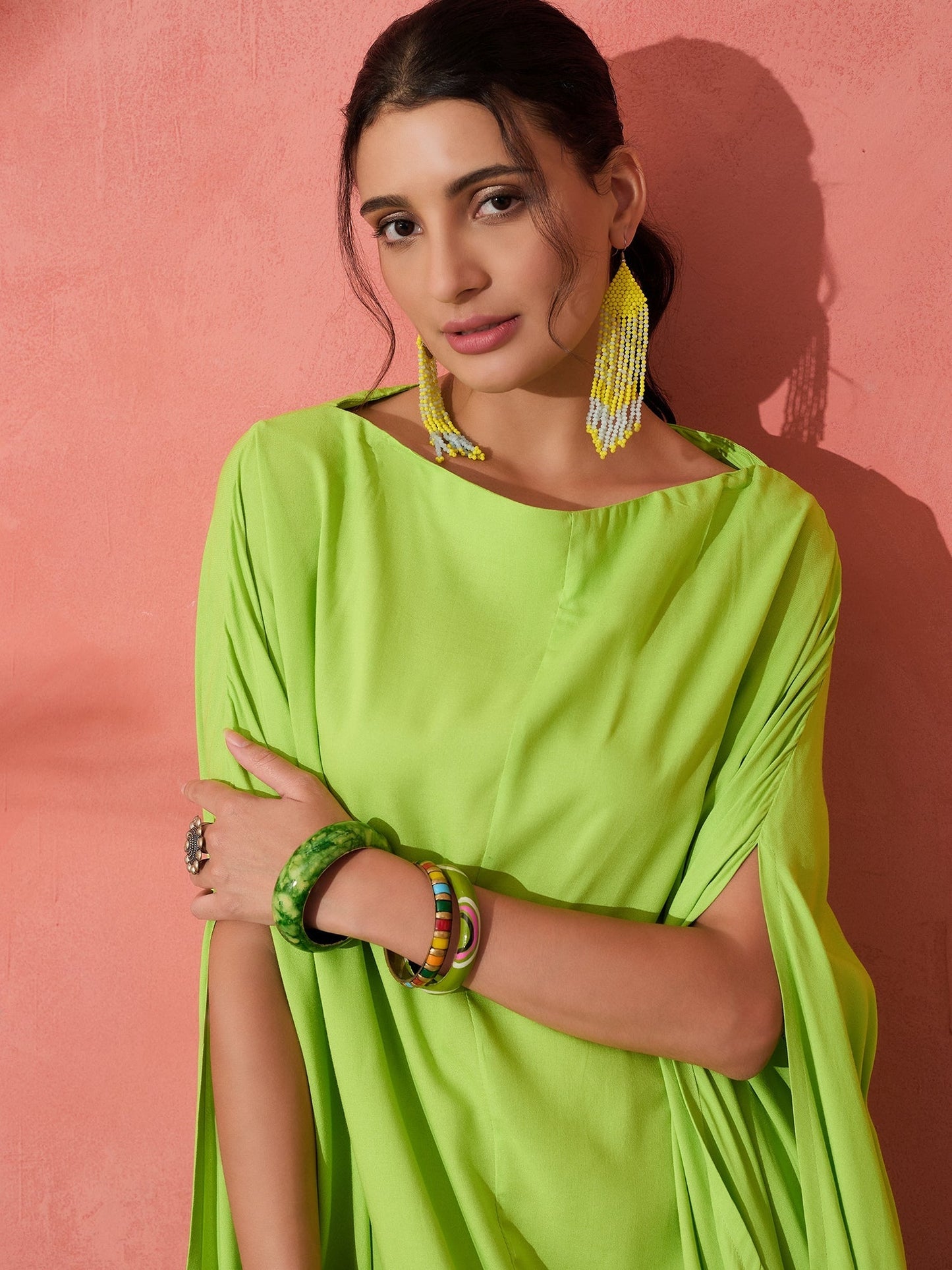 InWeave Lime Green Rayon Cowel Style Kaftan - Swadesiicart