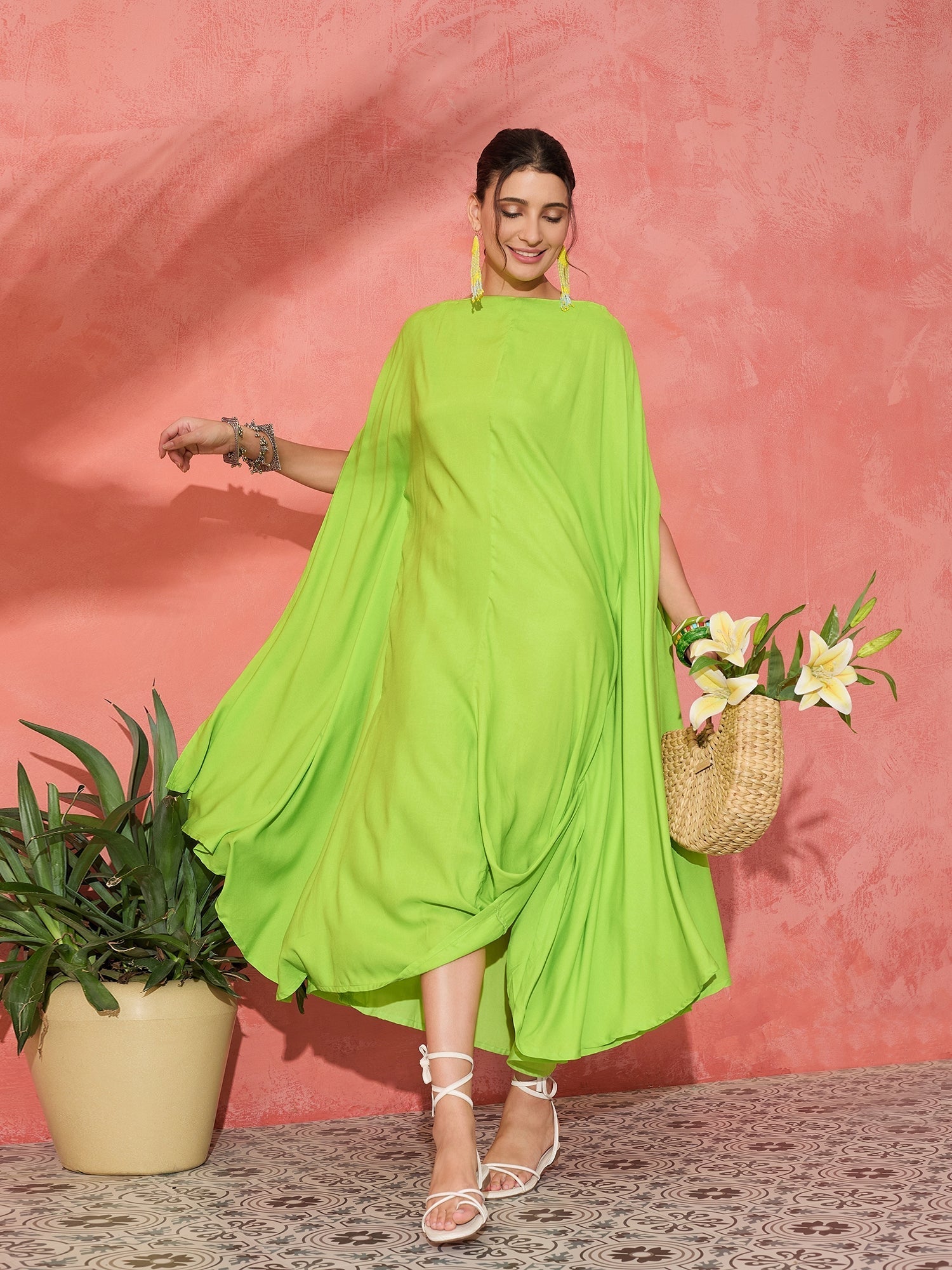 InWeave Lime Green Rayon Cowel Style Kaftan - Swadesiicart