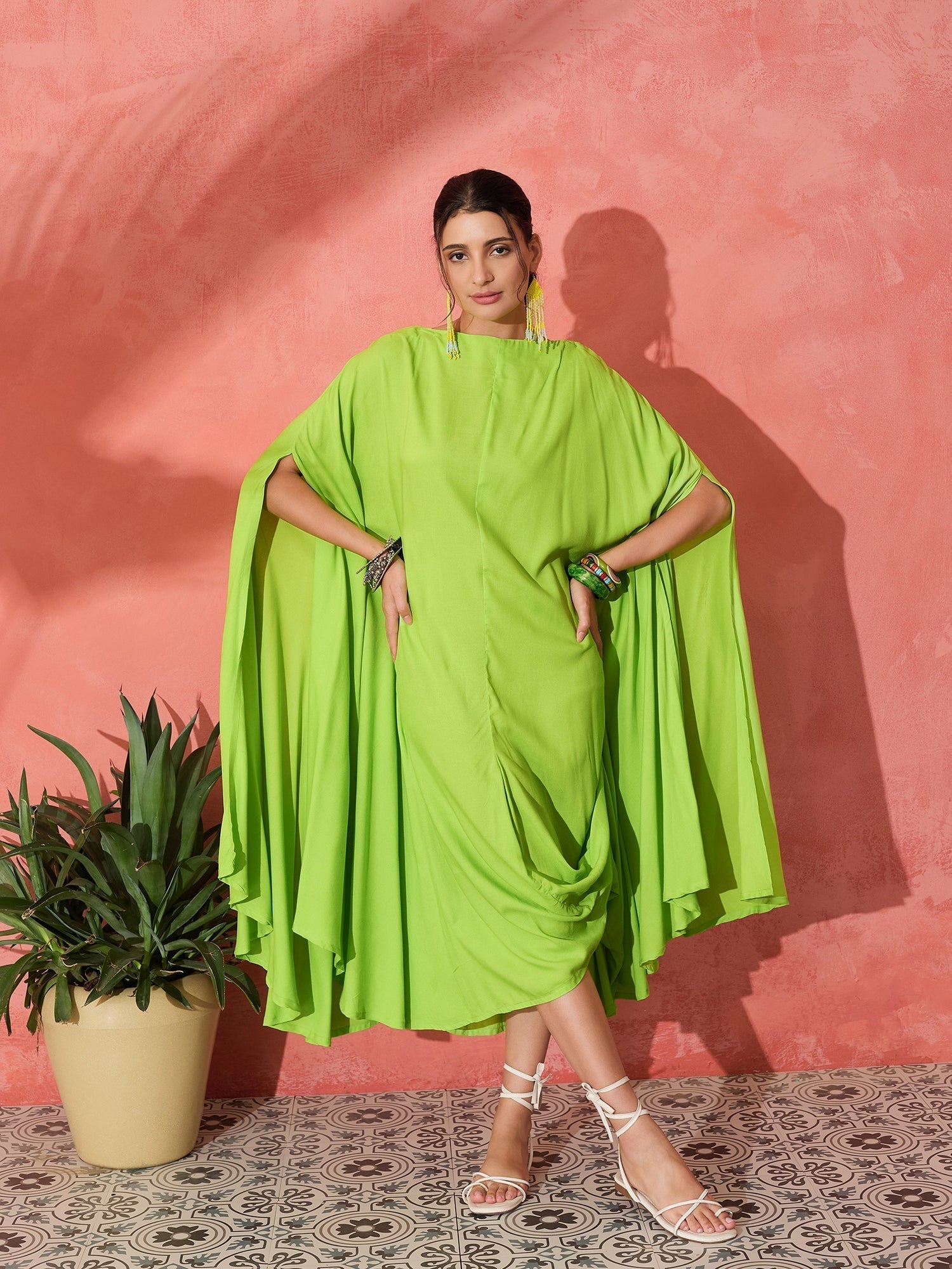 InWeave Lime Green Rayon Cowel Style Kaftan - Swadesiicart