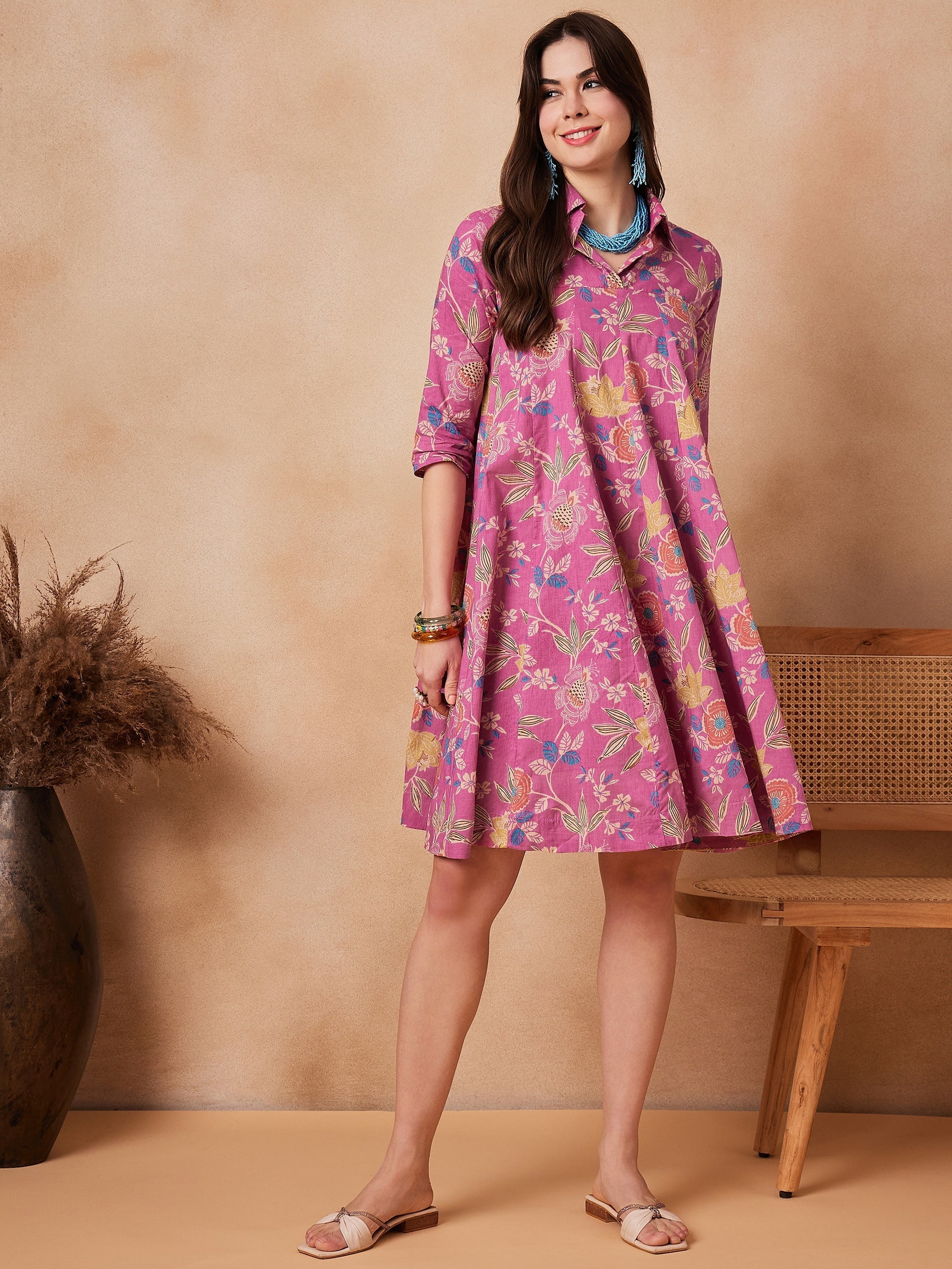 InWeave Dull Pink Floral Printed Flared Dress - Swadesiicart