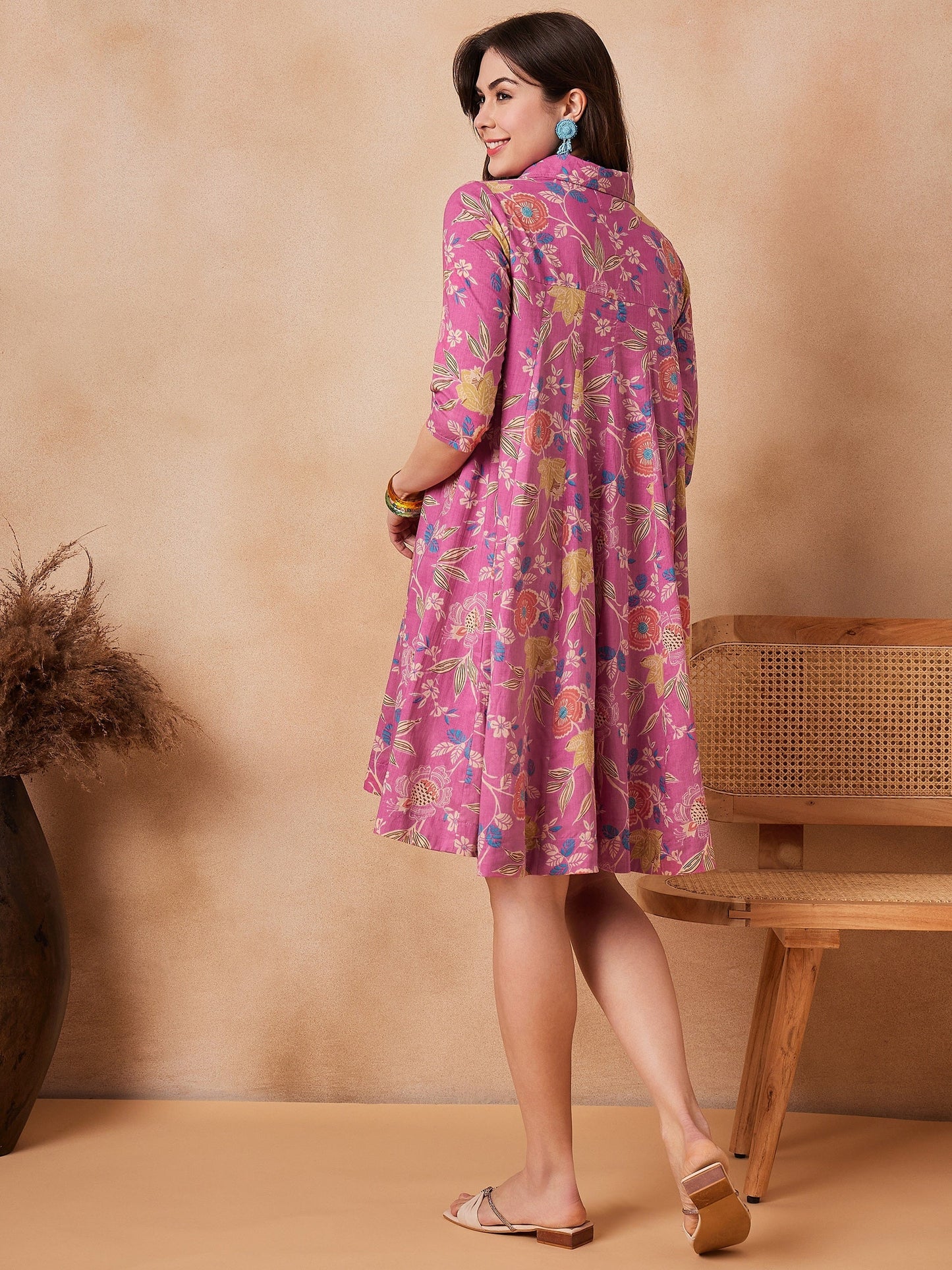InWeave Dull Pink Floral Printed Flared Dress - Swadesiicart