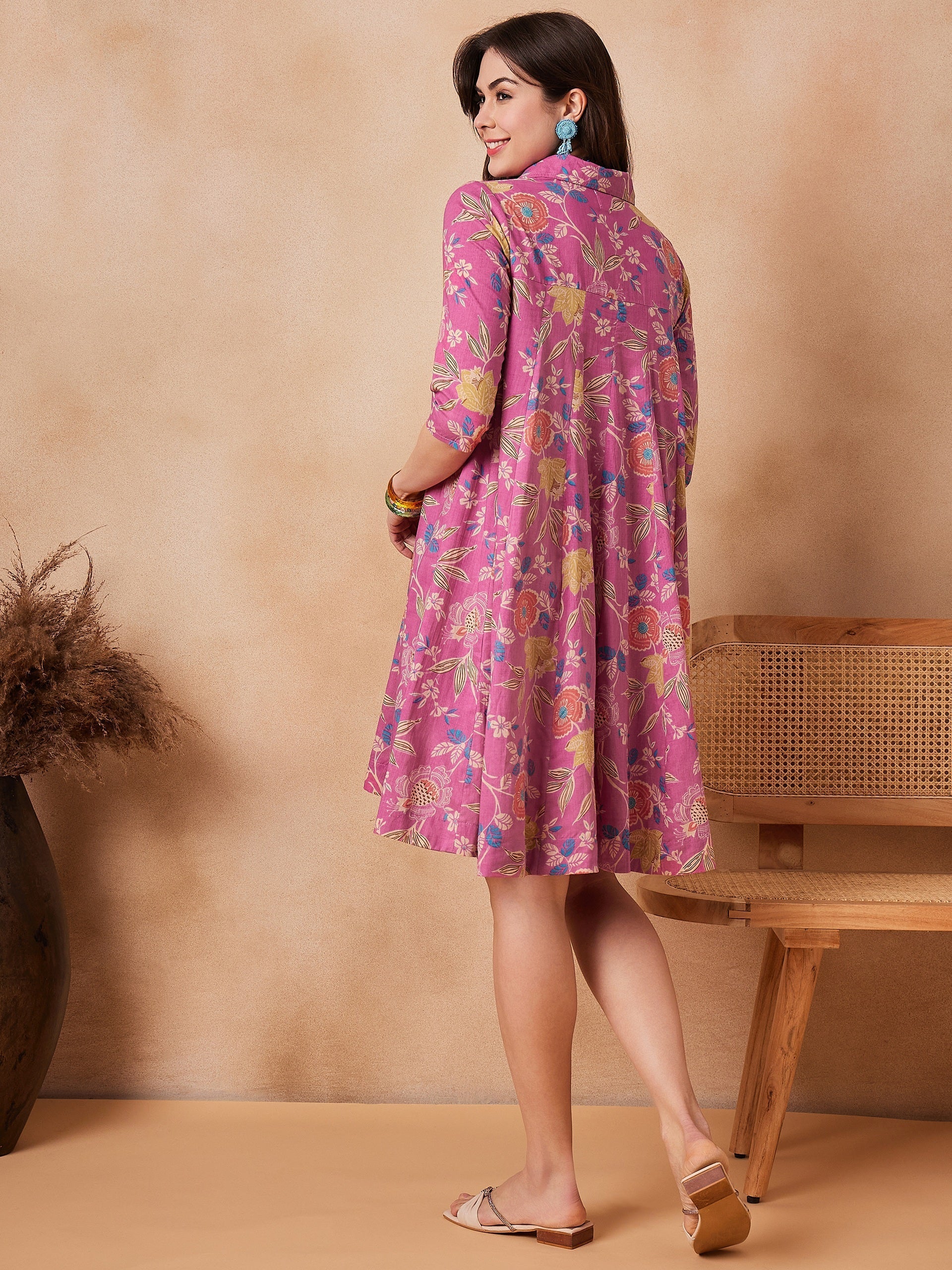 InWeave Dull Pink Floral Printed Flared Dress - Swadesiicart