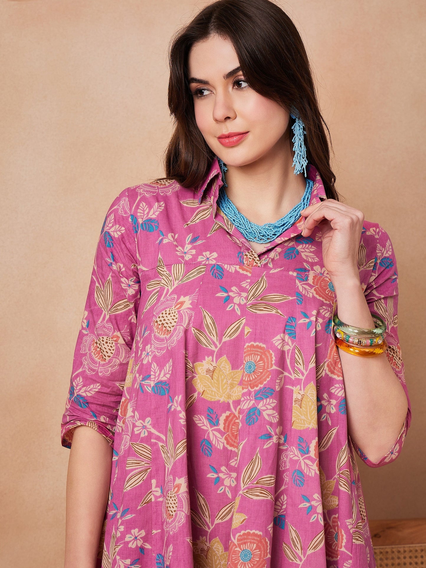 InWeave Dull Pink Floral Printed Flared Dress - Swadesiicart