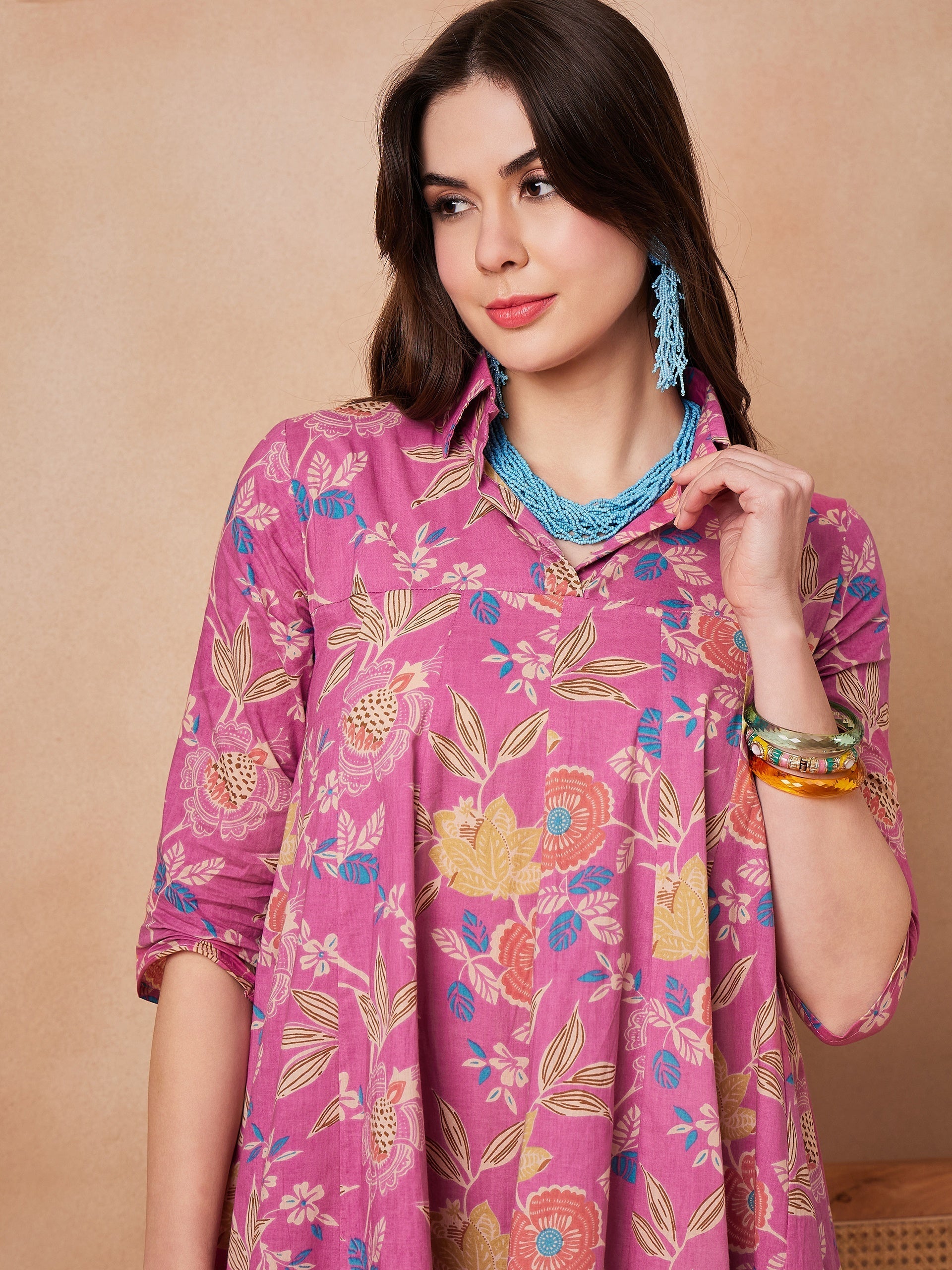 InWeave Dull Pink Floral Printed Flared Dress - Swadesiicart