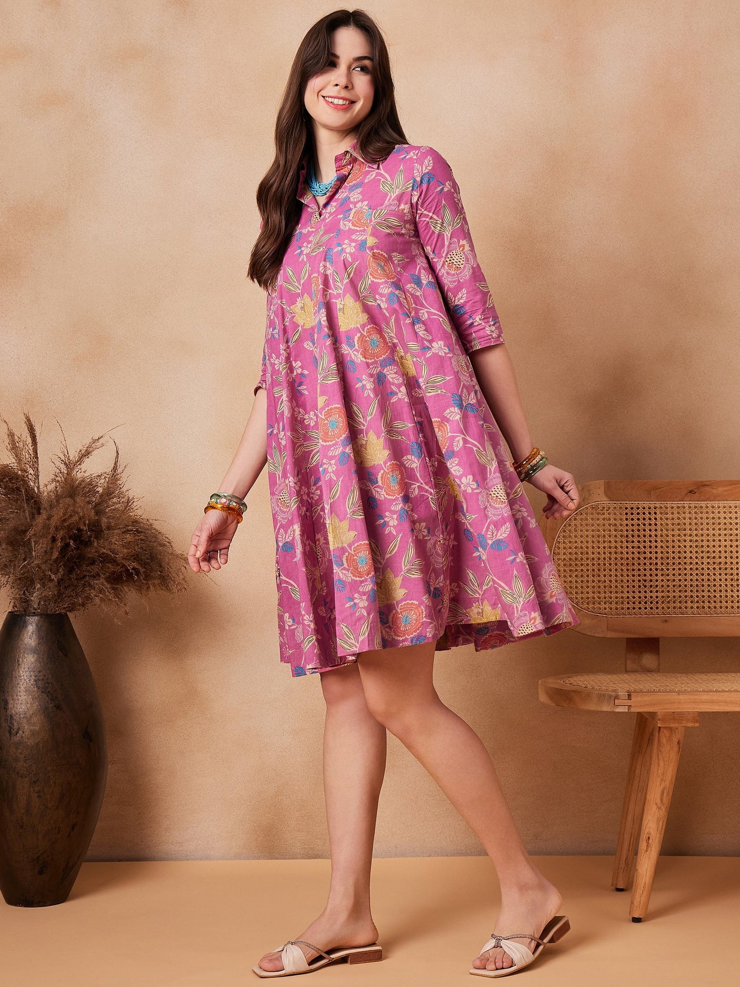 InWeave Dull Pink Floral Printed Flared Dress - Swadesiicart
