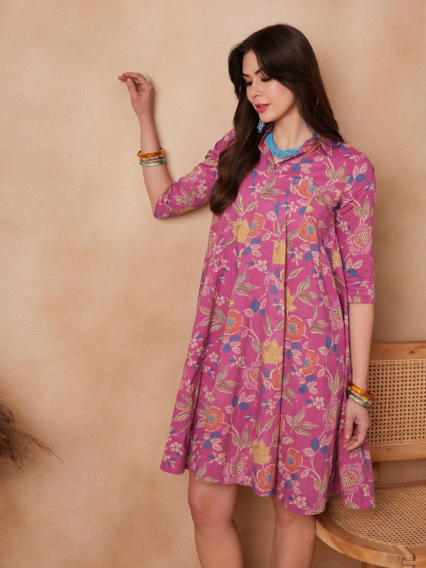InWeave Dull Pink Floral Printed Flared Dress - Swadesiicart