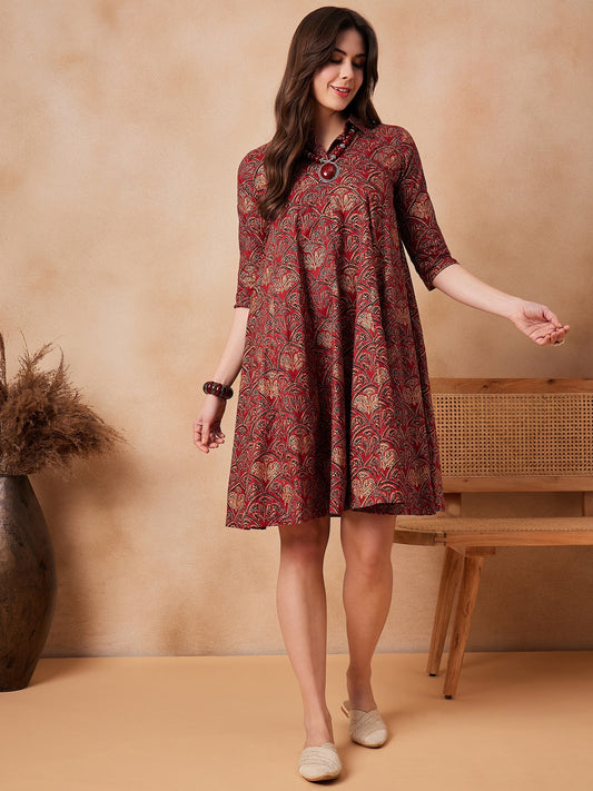InWeave Rust Scales Printed Flared Dress - Swadesiicart
