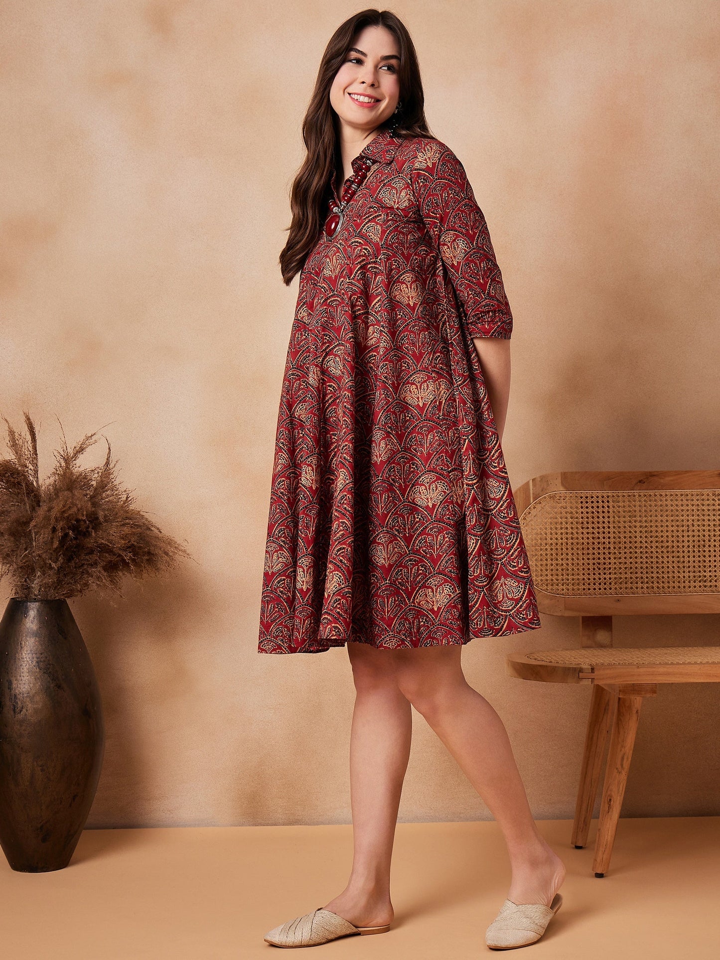 InWeave Rust Scales Printed Flared Dress - Swadesiicart