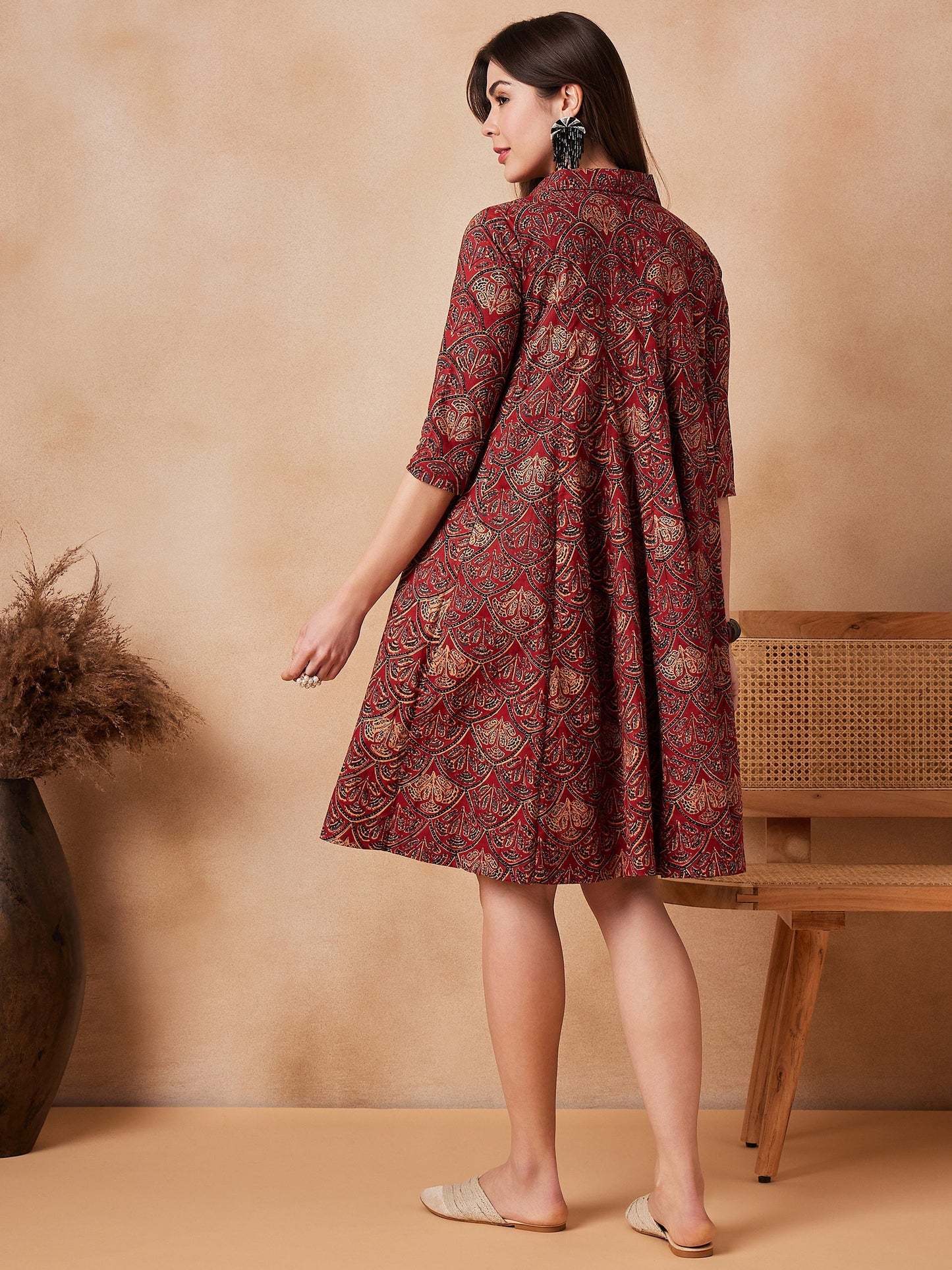 InWeave Rust Scales Printed Flared Dress - Swadesiicart