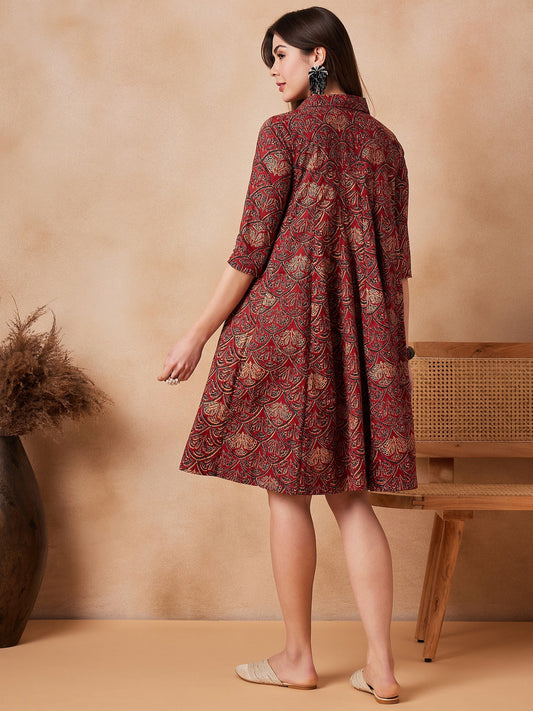 InWeave Rust Scales Printed Flared Dress - Swadesiicart