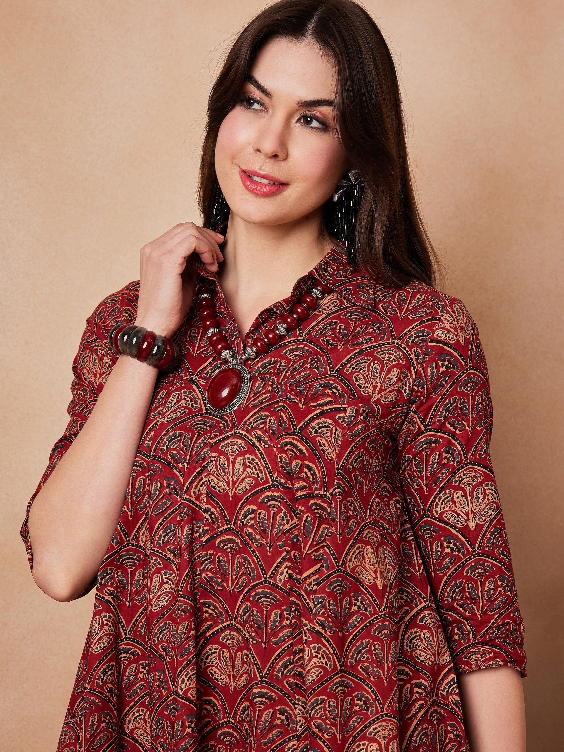 InWeave Rust Scales Printed Flared Dress - Swadesiicart
