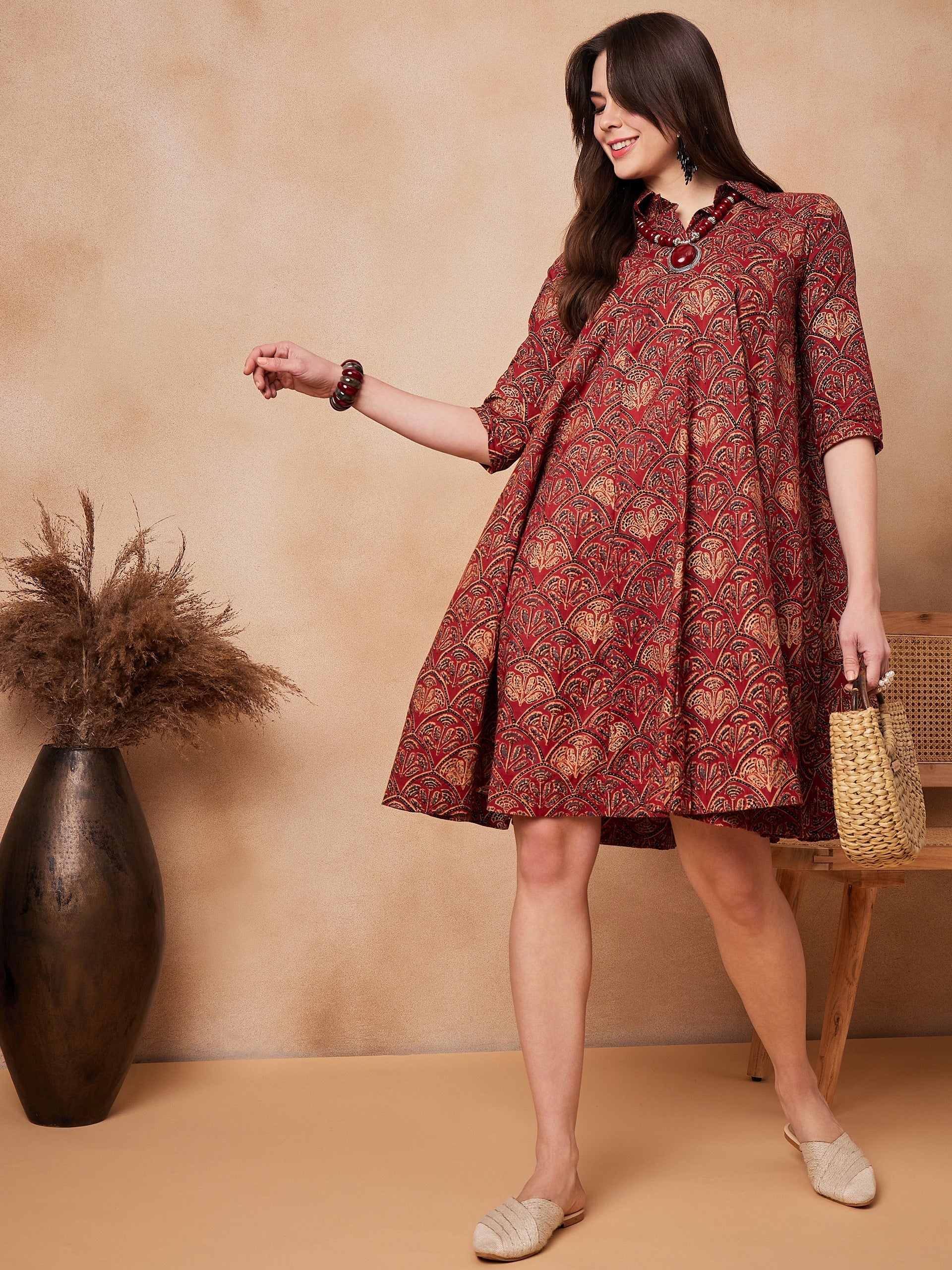 InWeave Rust Scales Printed Flared Dress - Swadesiicart