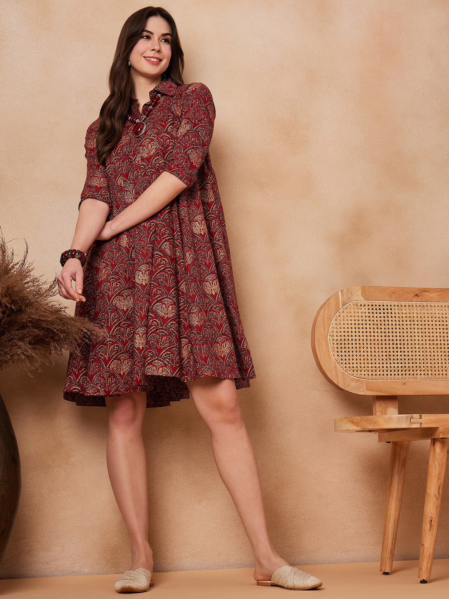 InWeave Rust Scales Printed Flared Dress - Swadesiicart