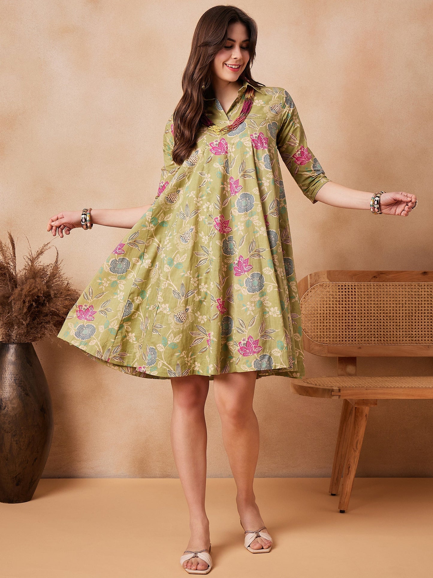 InWeave Light Lime Green Floral Printed Flared Dress - Swadesiicart