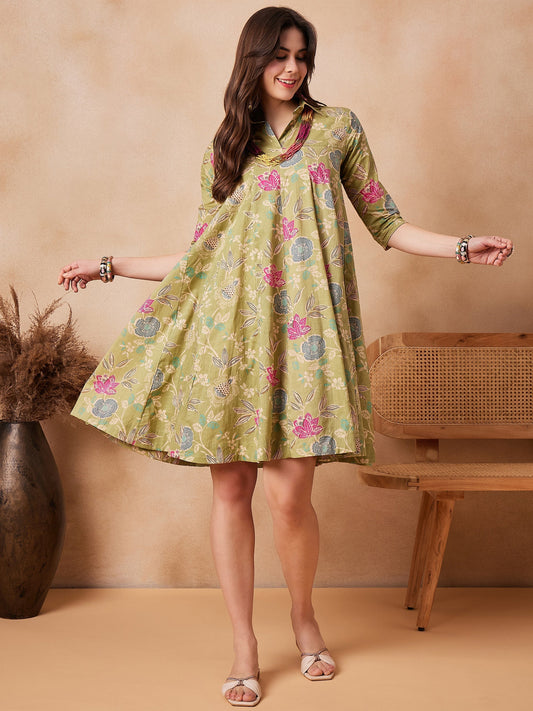 InWeave Light Lime Green Floral Printed Flared Dress - Swadesiicart
