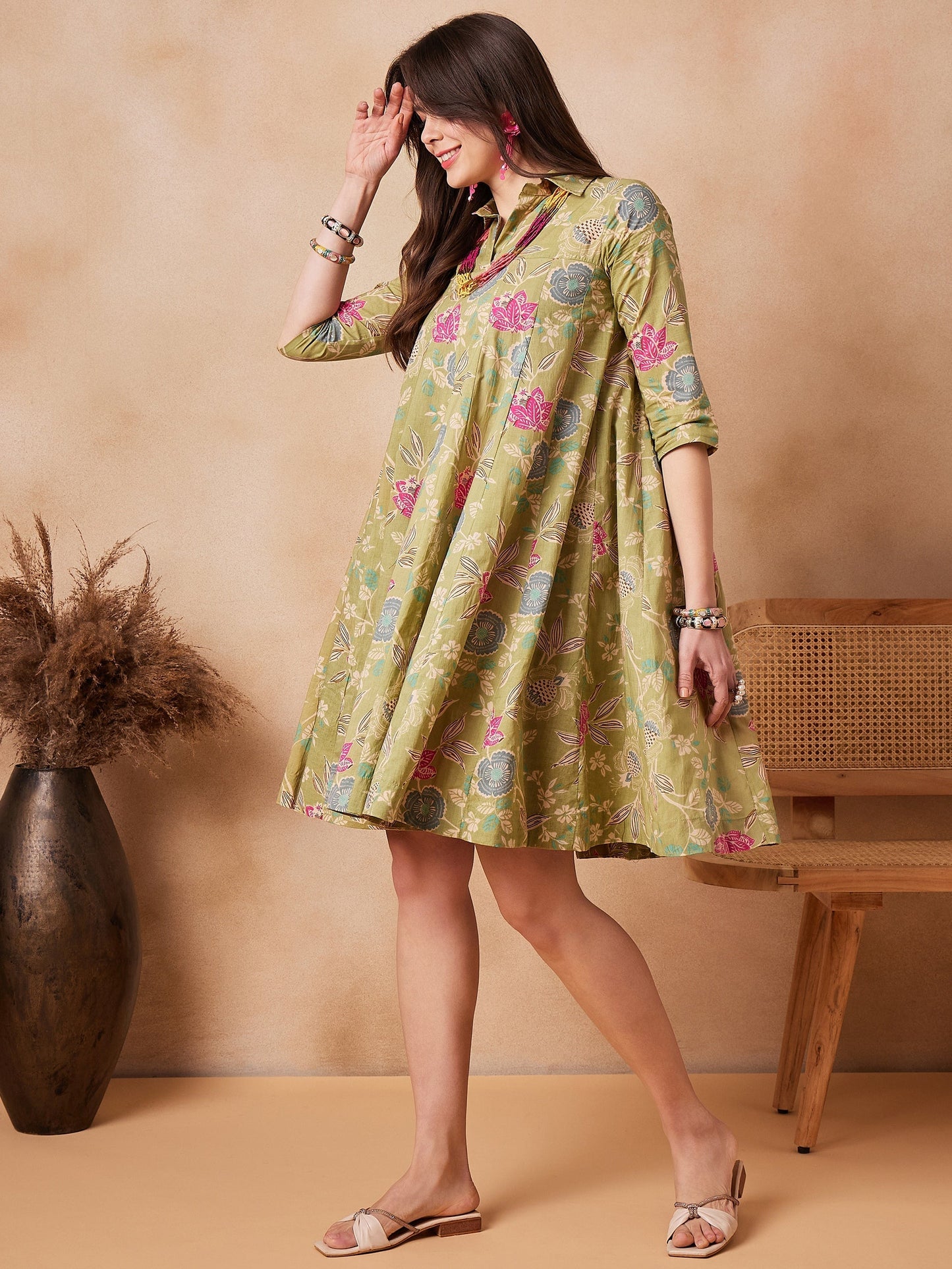 InWeave Light Lime Green Floral Printed Flared Dress - Swadesiicart