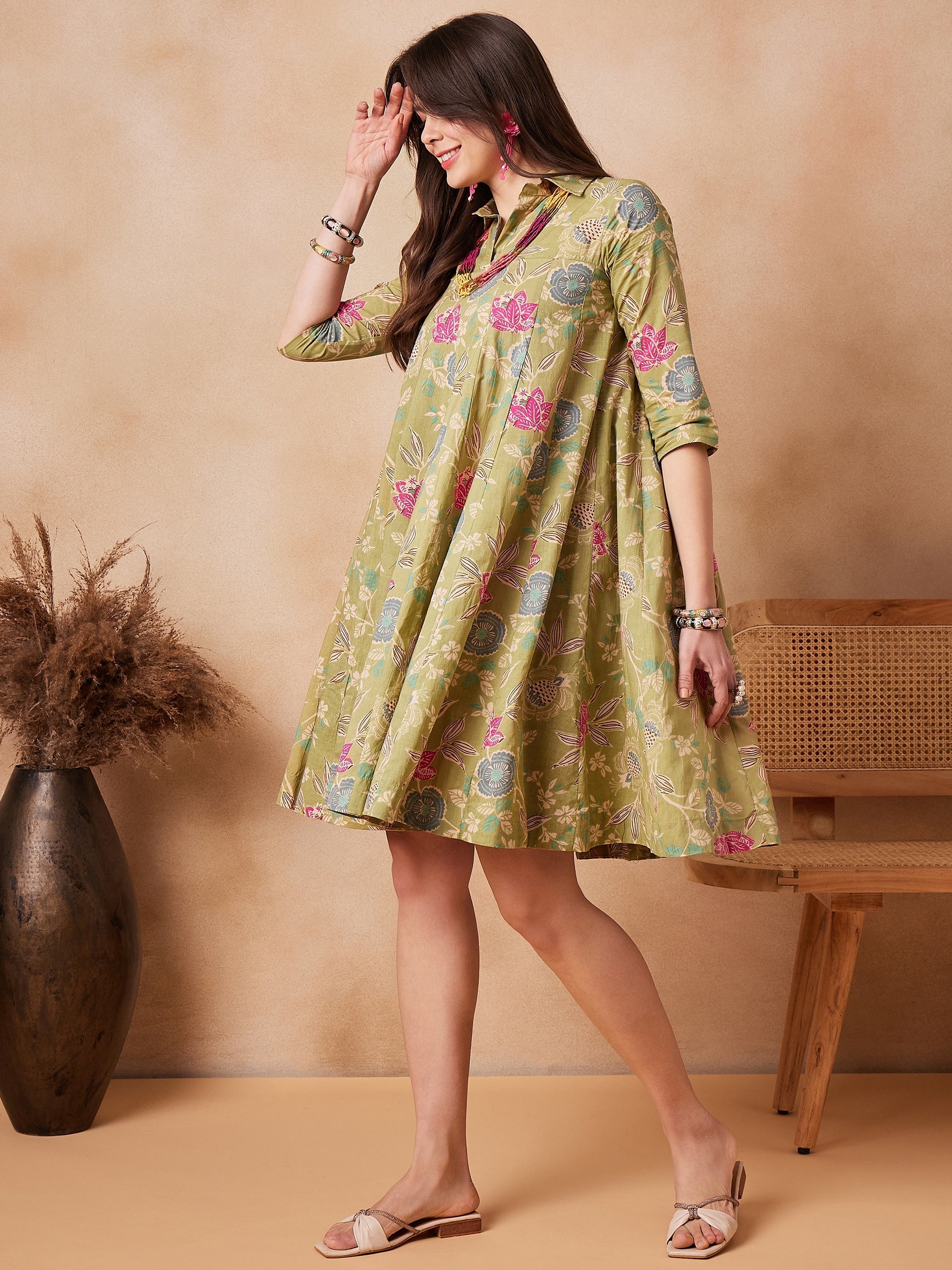 InWeave Light Lime Green Floral Printed Flared Dress - Swadesiicart