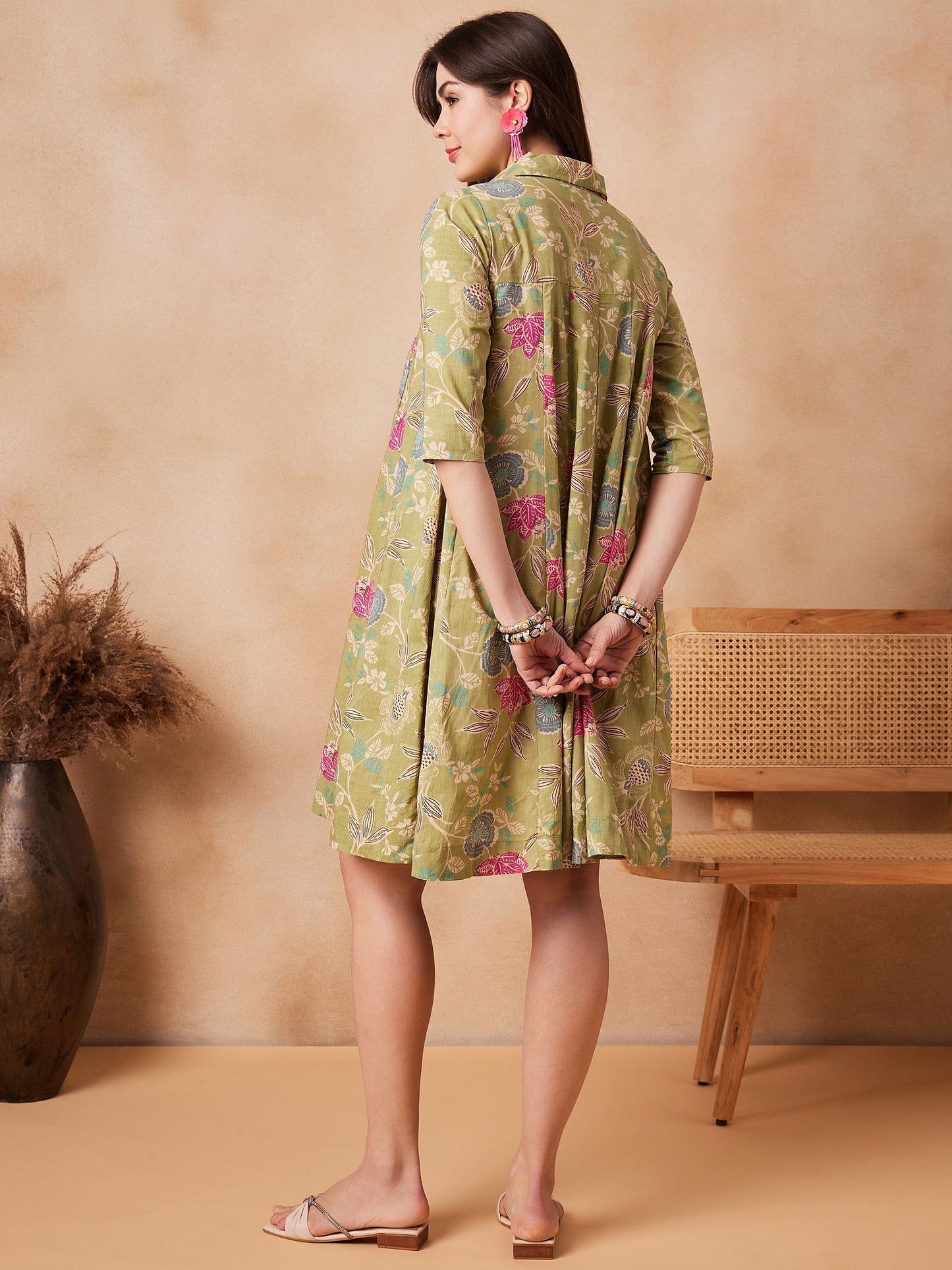 InWeave Light Lime Green Floral Printed Flared Dress - Swadesiicart