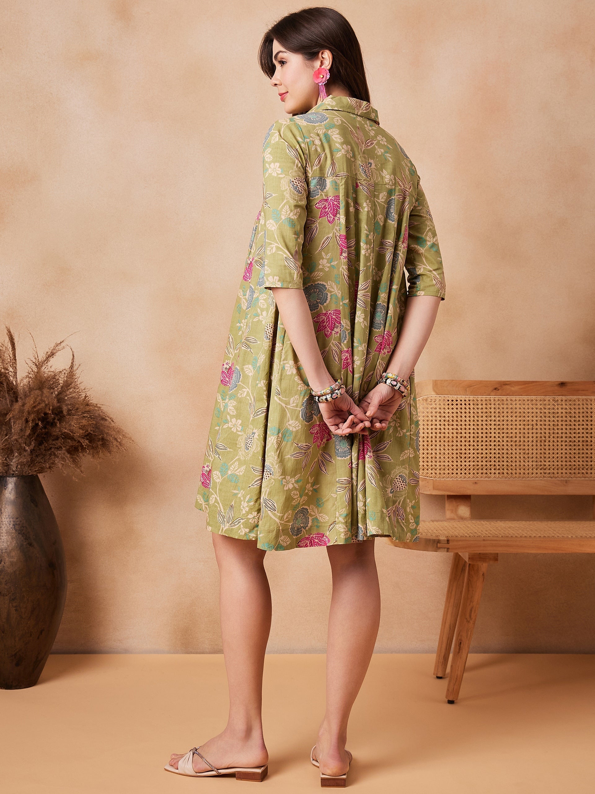 InWeave Light Lime Green Floral Printed Flared Dress - Swadesiicart