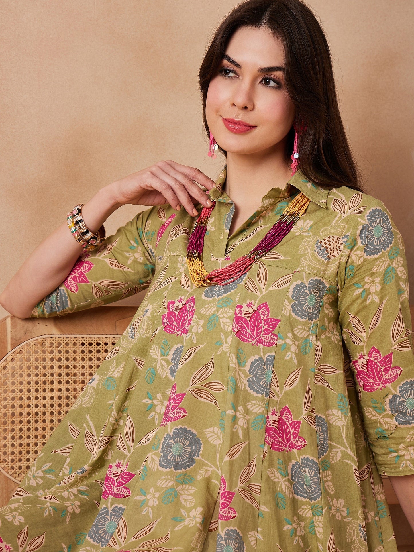 InWeave Light Lime Green Floral Printed Flared Dress - Swadesiicart