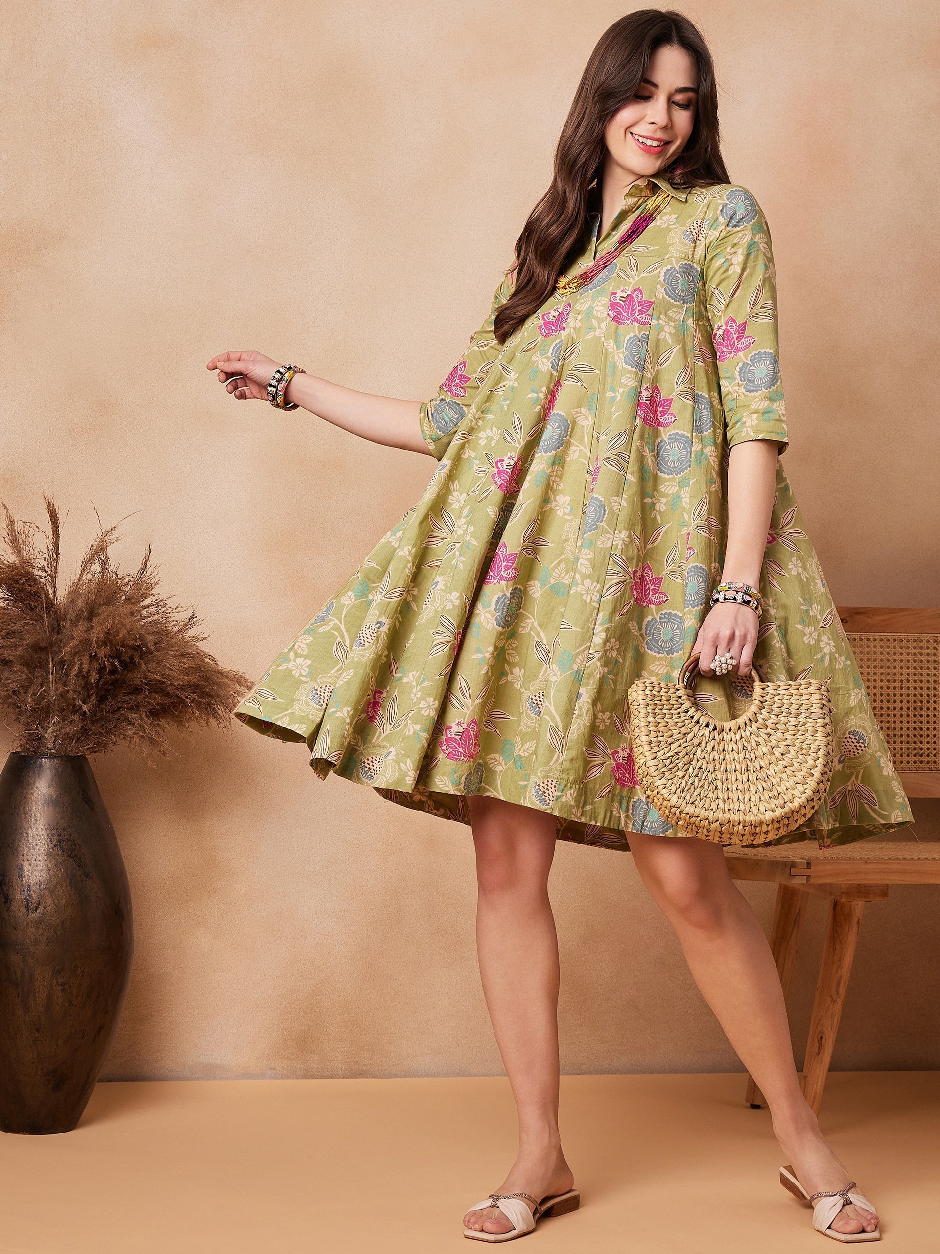 InWeave Light Lime Green Floral Printed Flared Dress - Swadesiicart