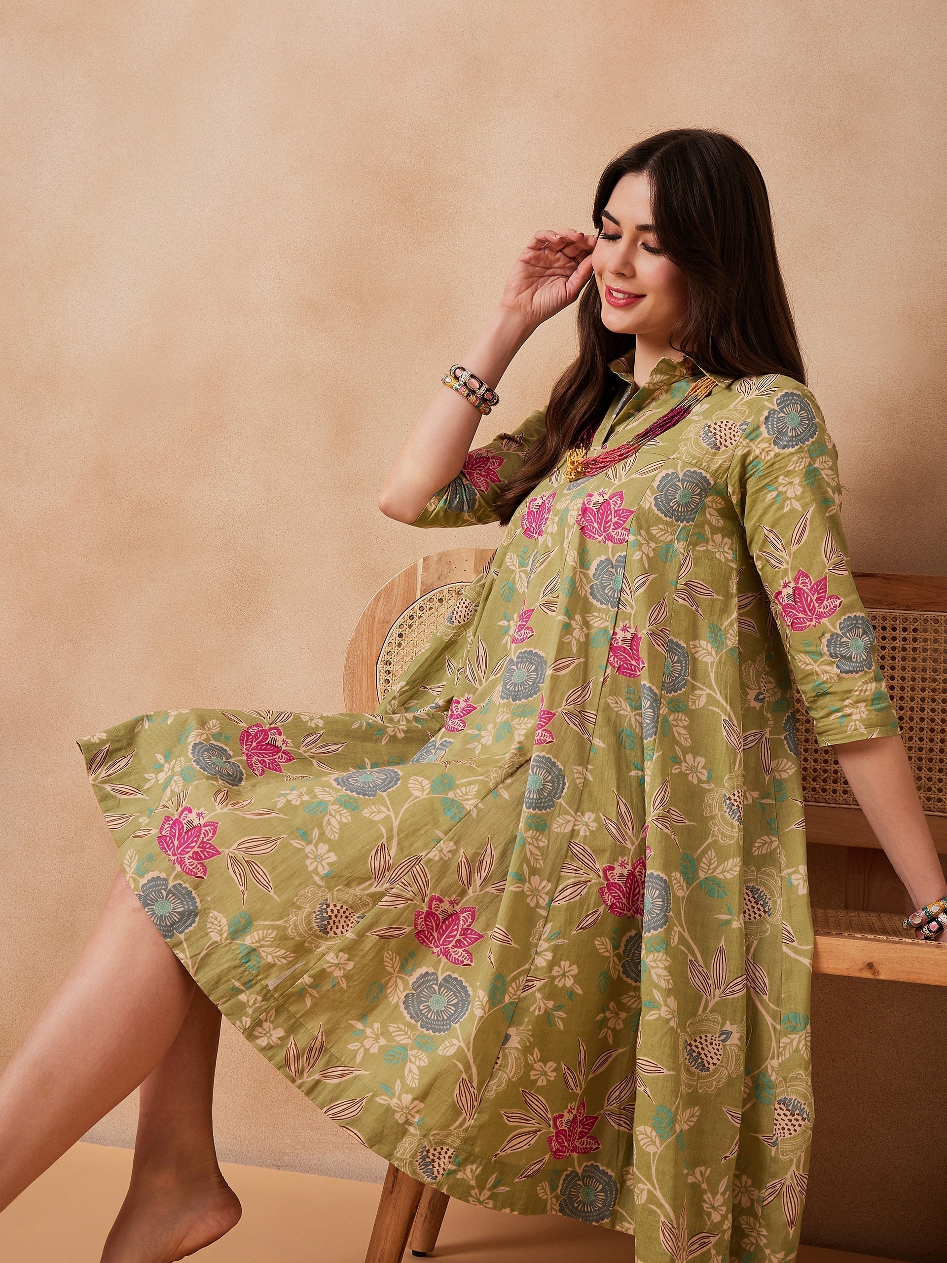 InWeave Light Lime Green Floral Printed Flared Dress - Swadesiicart