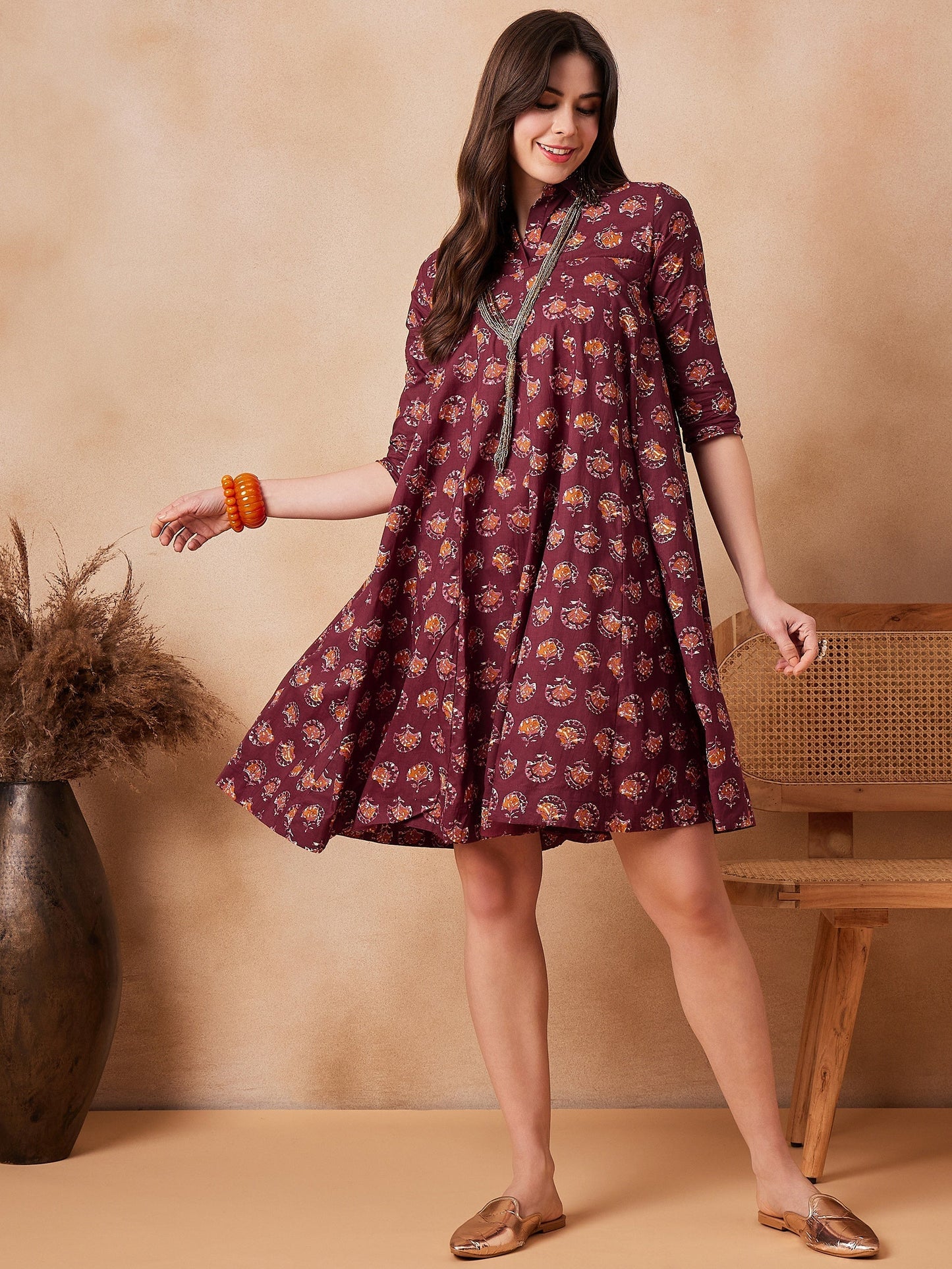 InWeave Burgundy Floral Boota Print Flared Dress - Swadesiicart