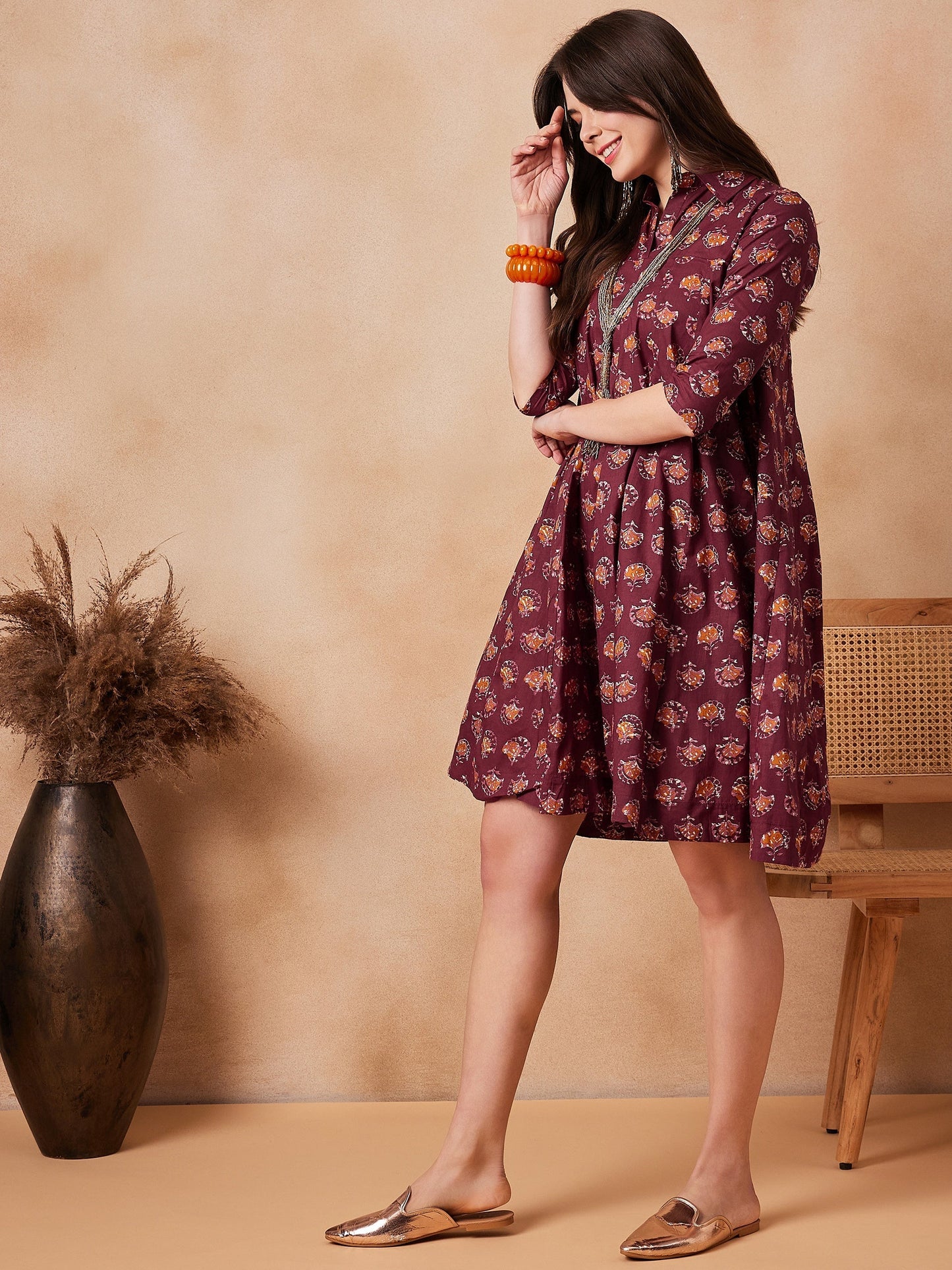 InWeave Burgundy Floral Boota Print Flared Dress - Swadesiicart
