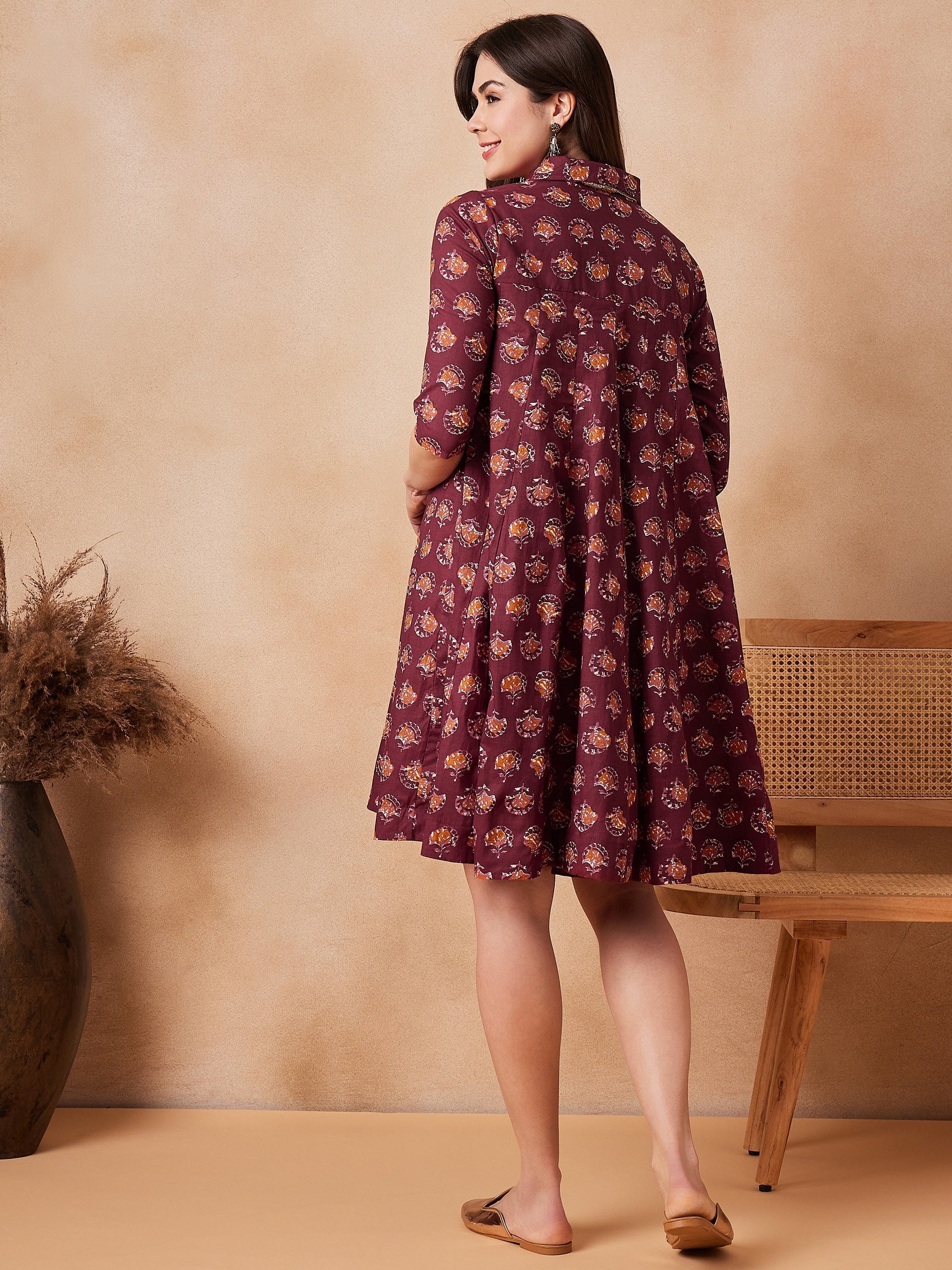 InWeave Burgundy Floral Boota Print Flared Dress - Swadesiicart