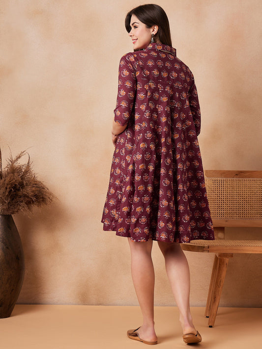 InWeave Burgundy Floral Boota Print Flared Dress - Swadesiicart