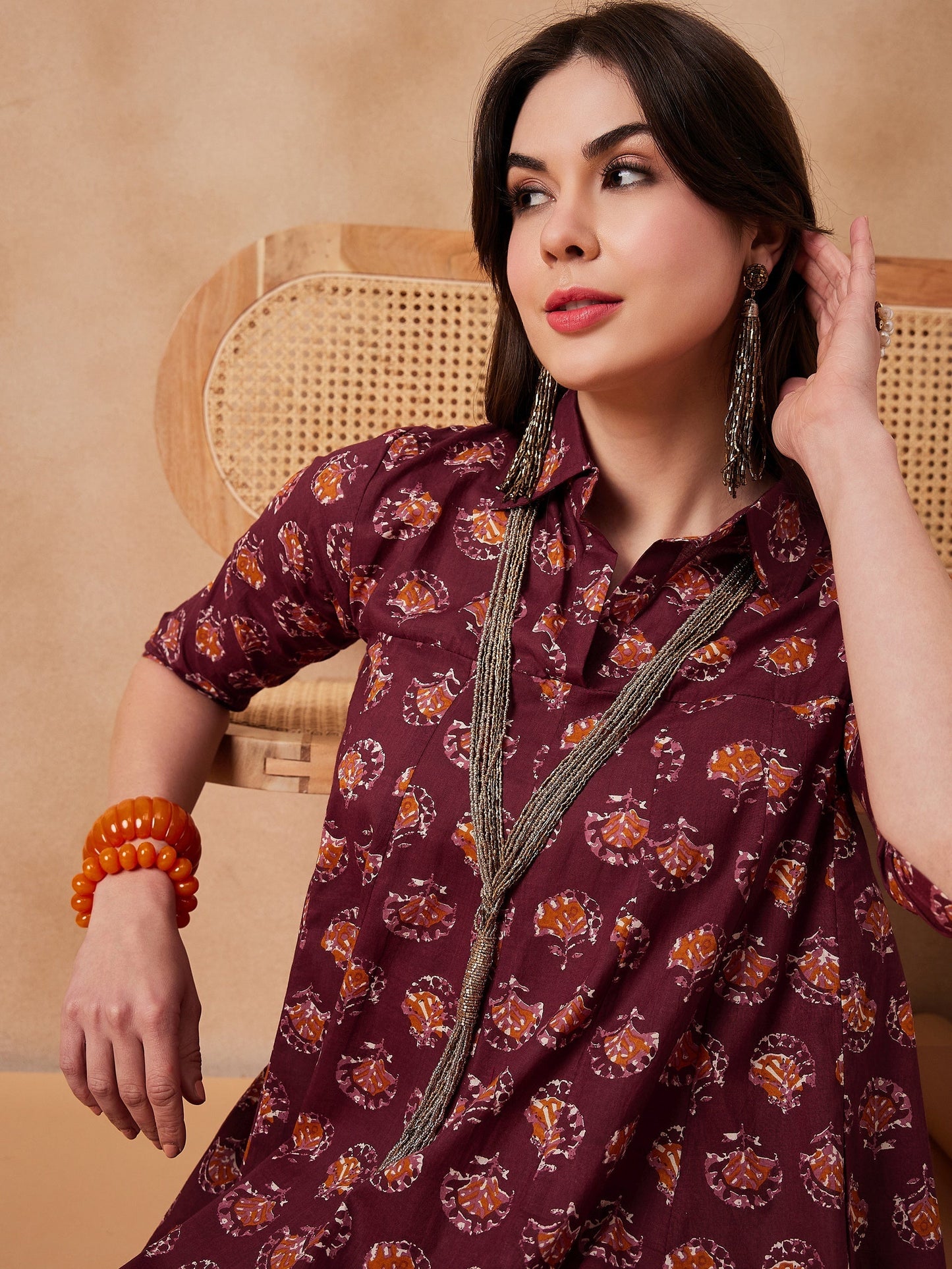 InWeave Burgundy Floral Boota Print Flared Dress - Swadesiicart