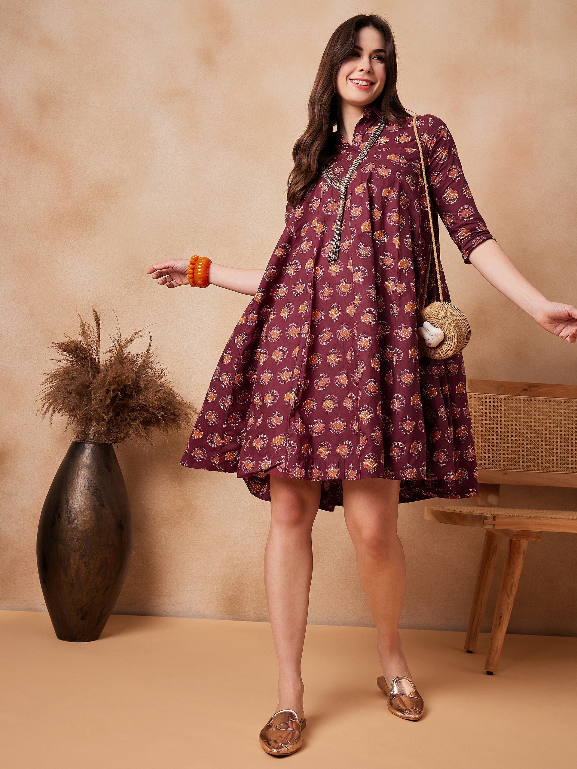 InWeave Burgundy Floral Boota Print Flared Dress - Swadesiicart