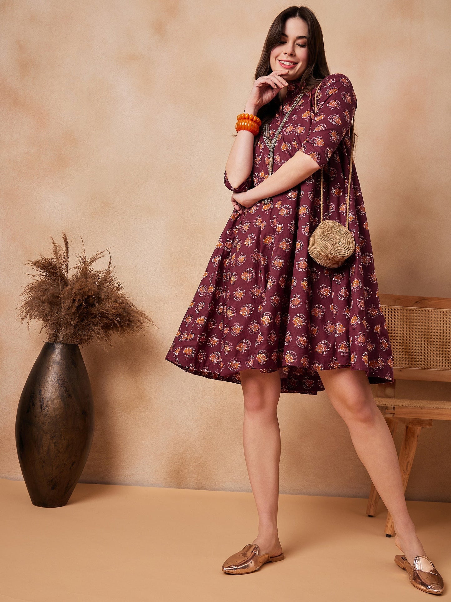 InWeave Burgundy Floral Boota Print Flared Dress - Swadesiicart
