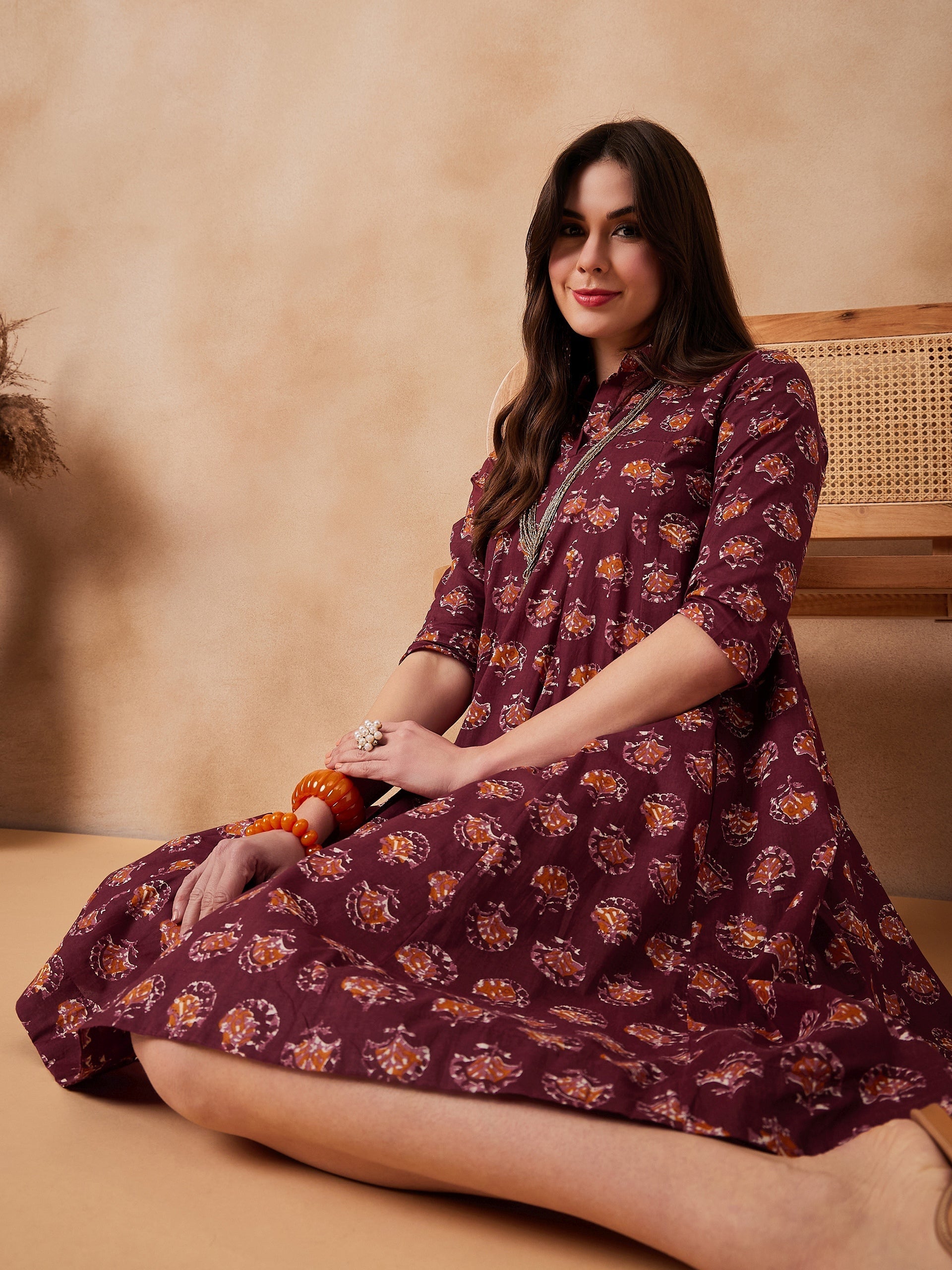 InWeave Burgundy Floral Boota Print Flared Dress - Swadesiicart