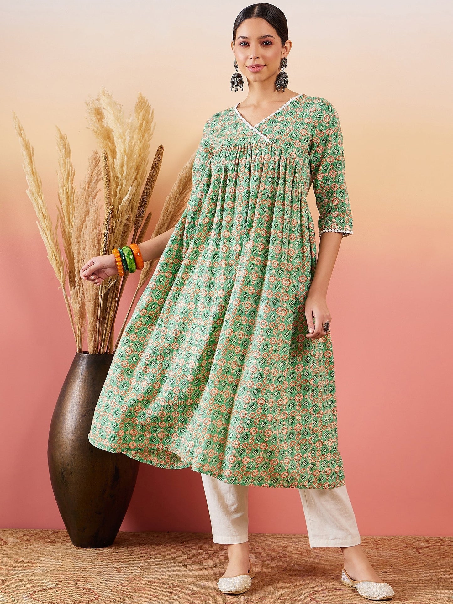 InWeave Cool Green Kantha Print Angrakha V Neck Lace Dress - Swadesiicart