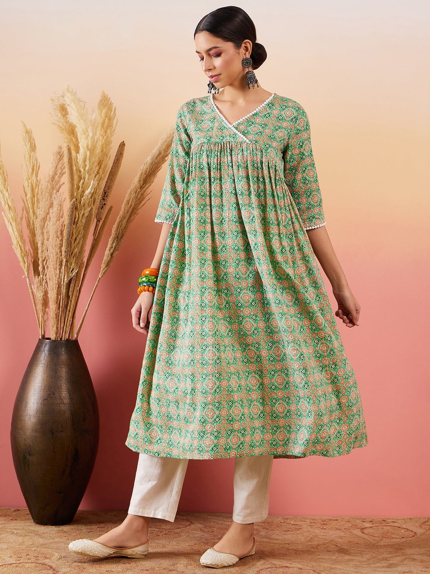 InWeave Cool Green Kantha Print Angrakha V Neck Lace Dress - Swadesiicart