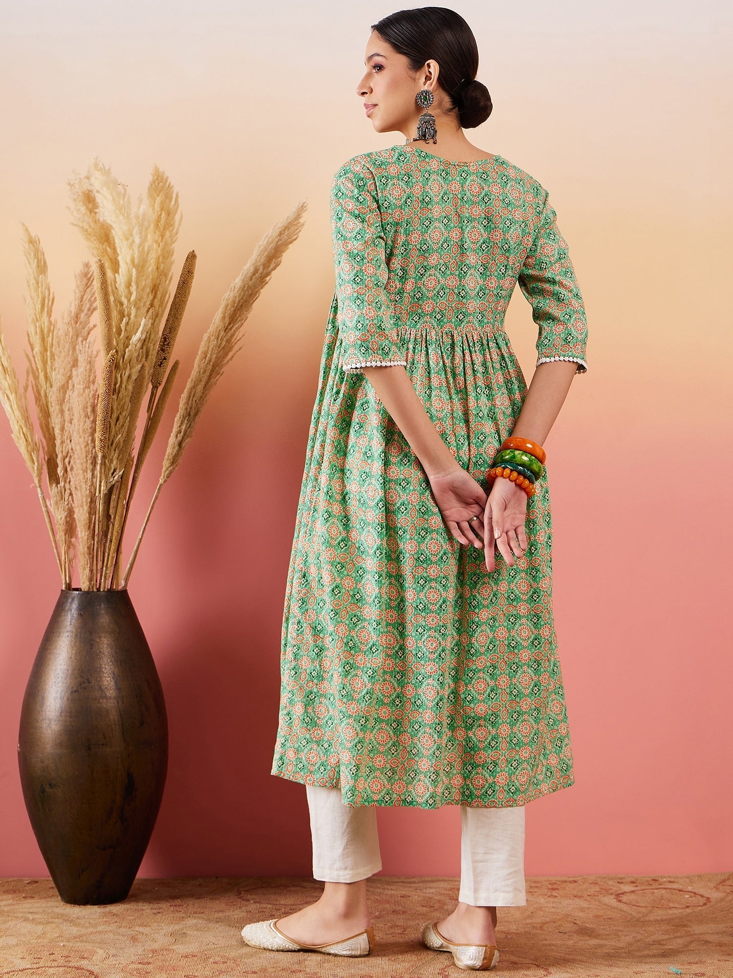 InWeave Cool Green Kantha Print Angrakha V Neck Lace Dress - Swadesiicart