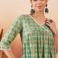 InWeave Cool Green Kantha Print Angrakha V Neck Lace Dress - Swadesiicart